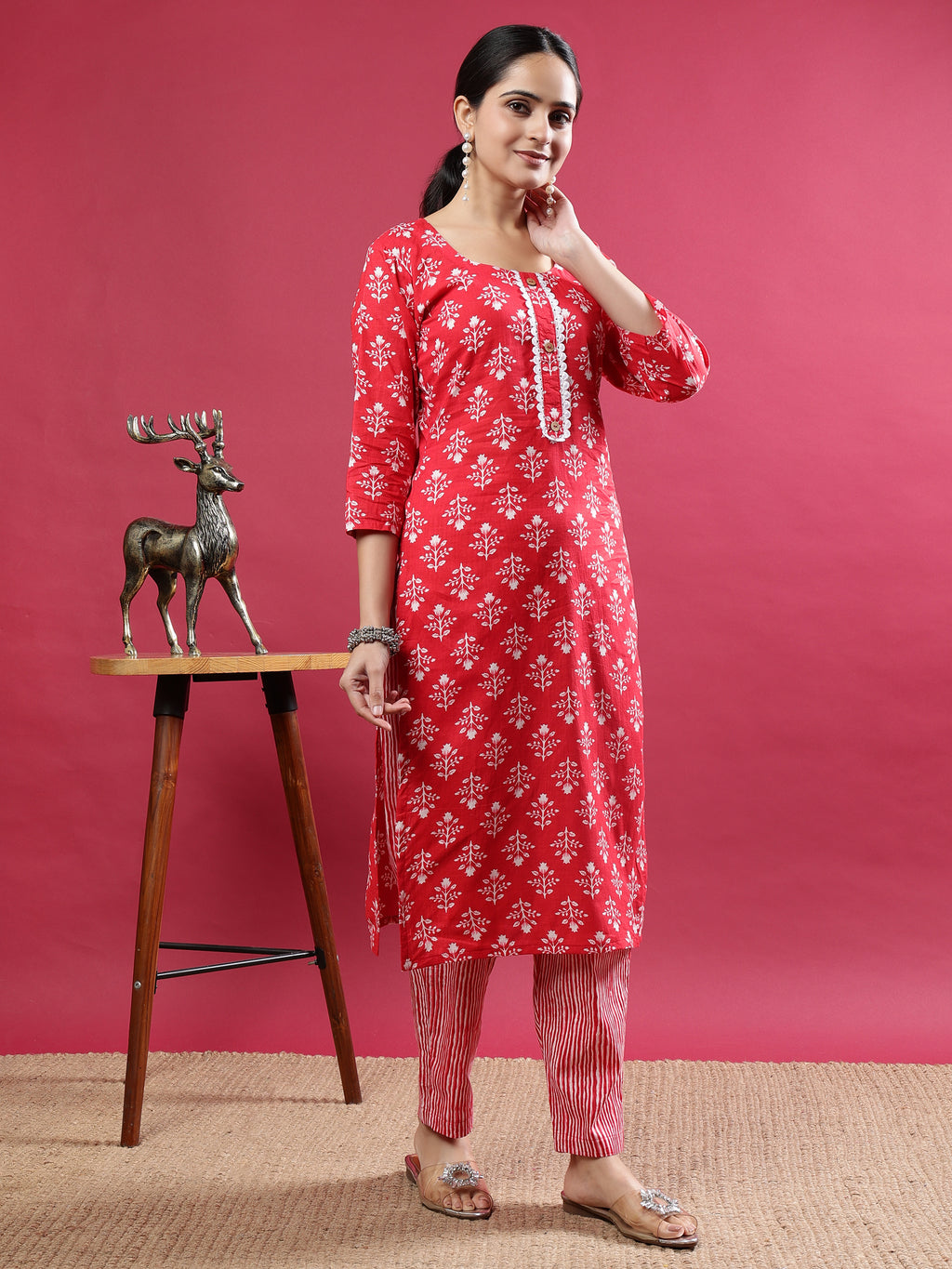 Pink Printed Rayon Kurta Set with Striped Pants