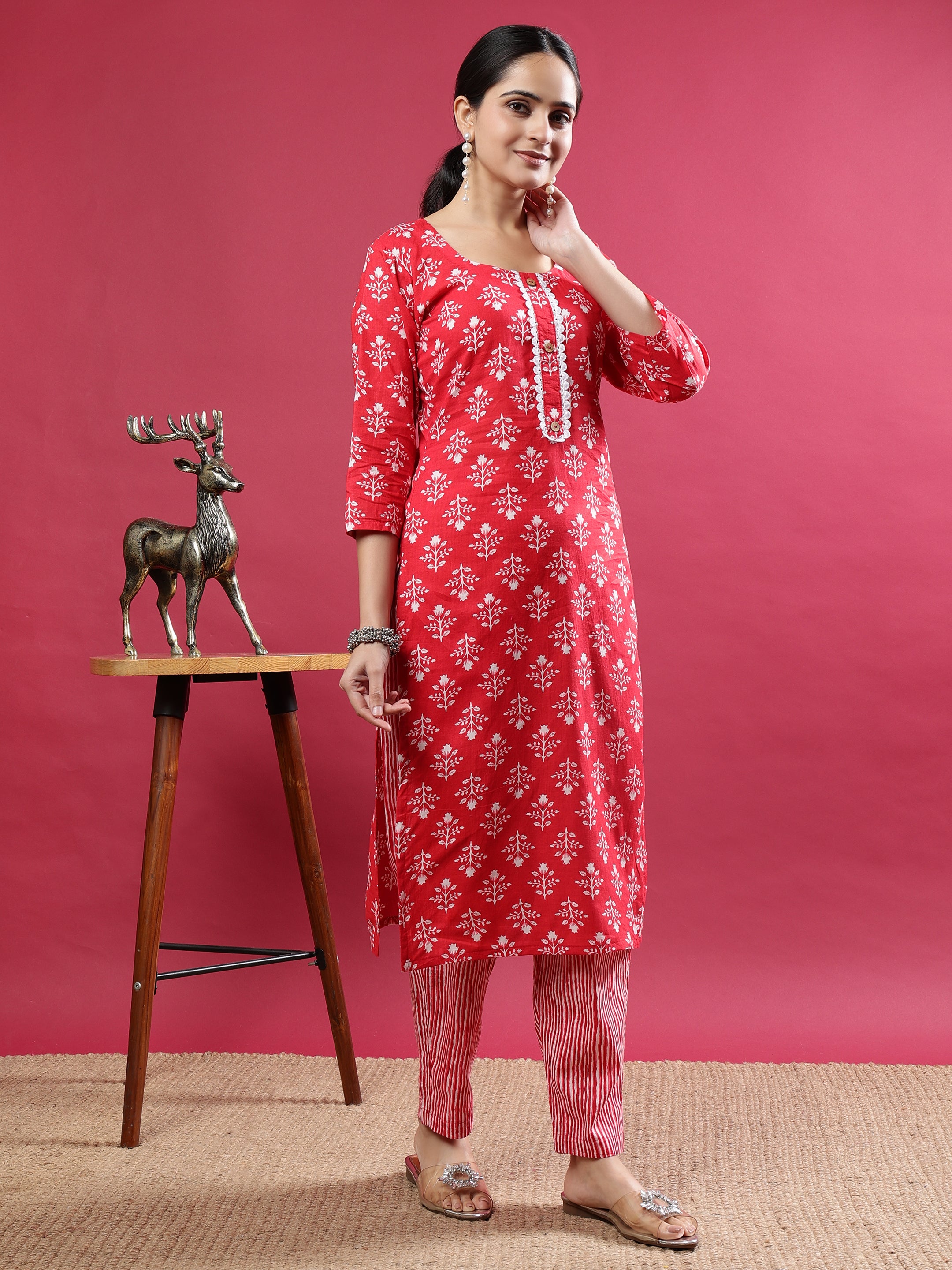 Pink Printed Rayon Kurta Set with Striped Pants