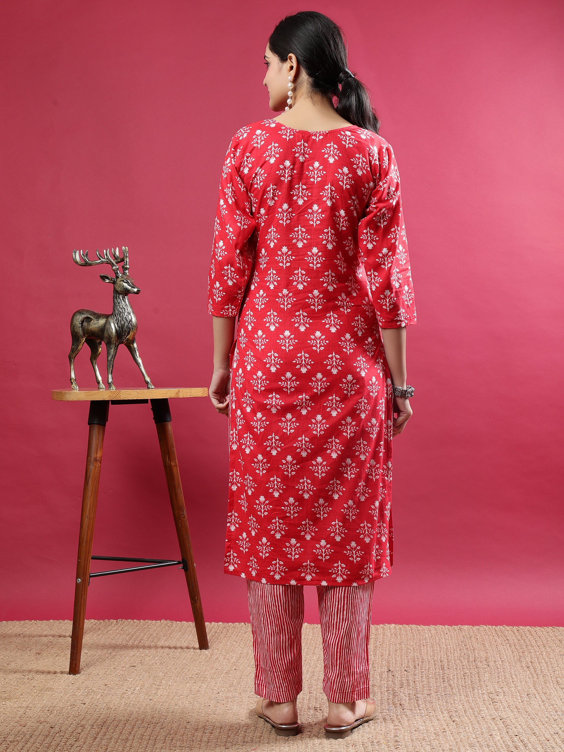 Pink Printed Rayon Kurta Set with Striped Pants