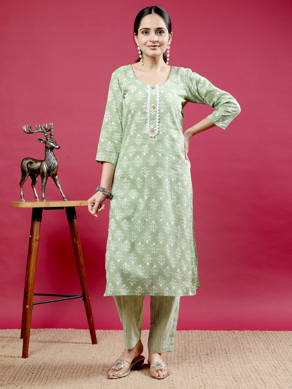 Spring Green Blue Printed Rayon Kurta Set with Striped Pants
