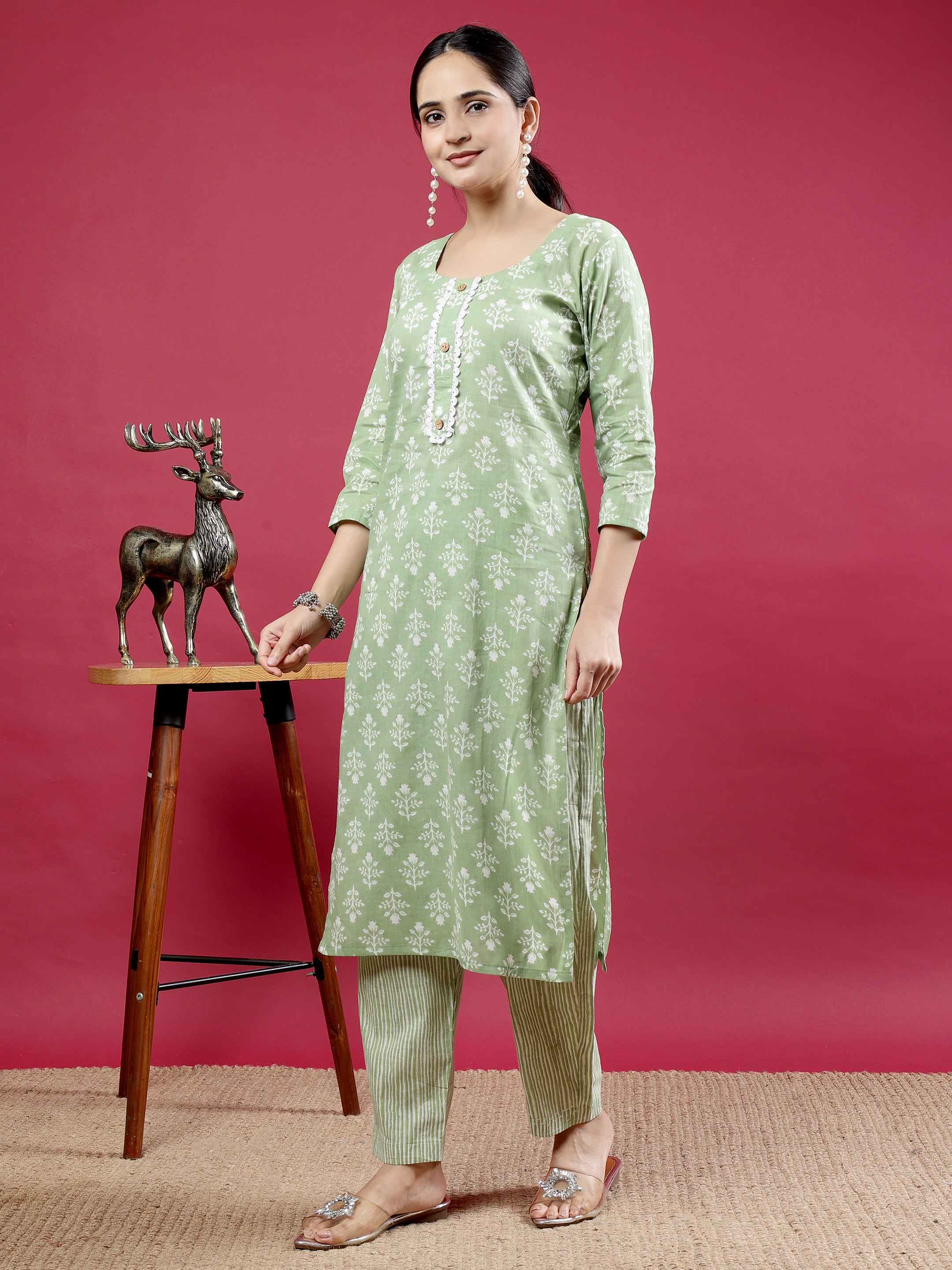 Spring Green Blue Printed Rayon Kurta Set with Striped Pants
