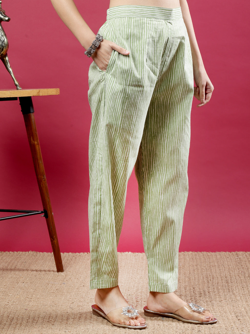 Spring Green Blue Printed Rayon Kurta Set with Striped Pants