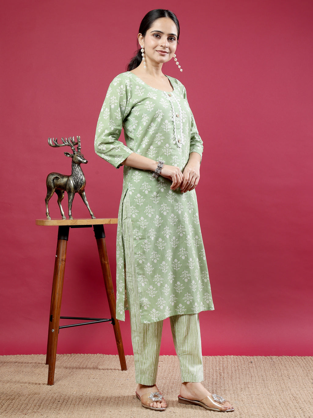 Spring Green Blue Printed Rayon Kurta Set with Striped Pants