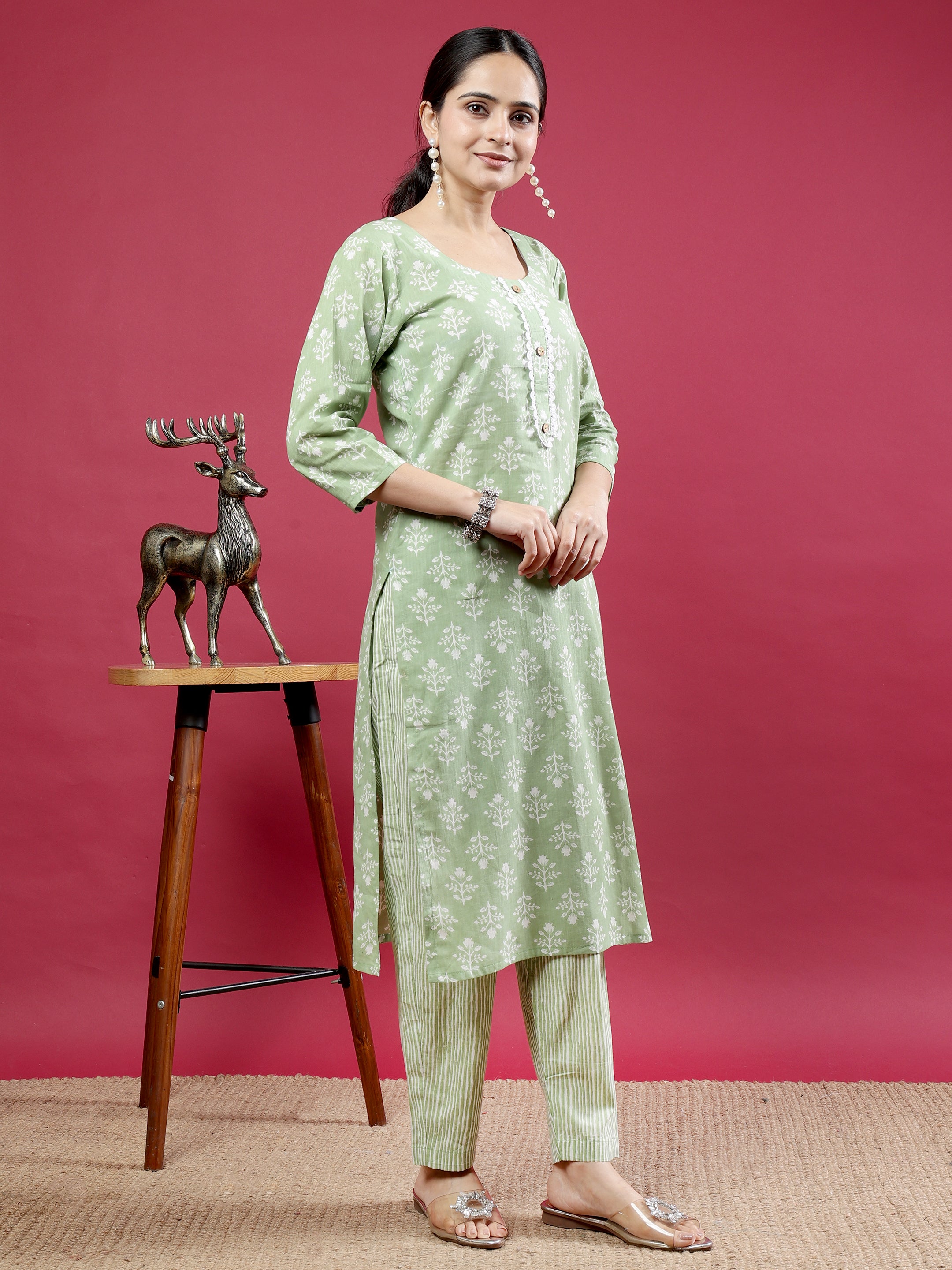 Spring Green Blue Printed Rayon Kurta Set with Striped Pants
