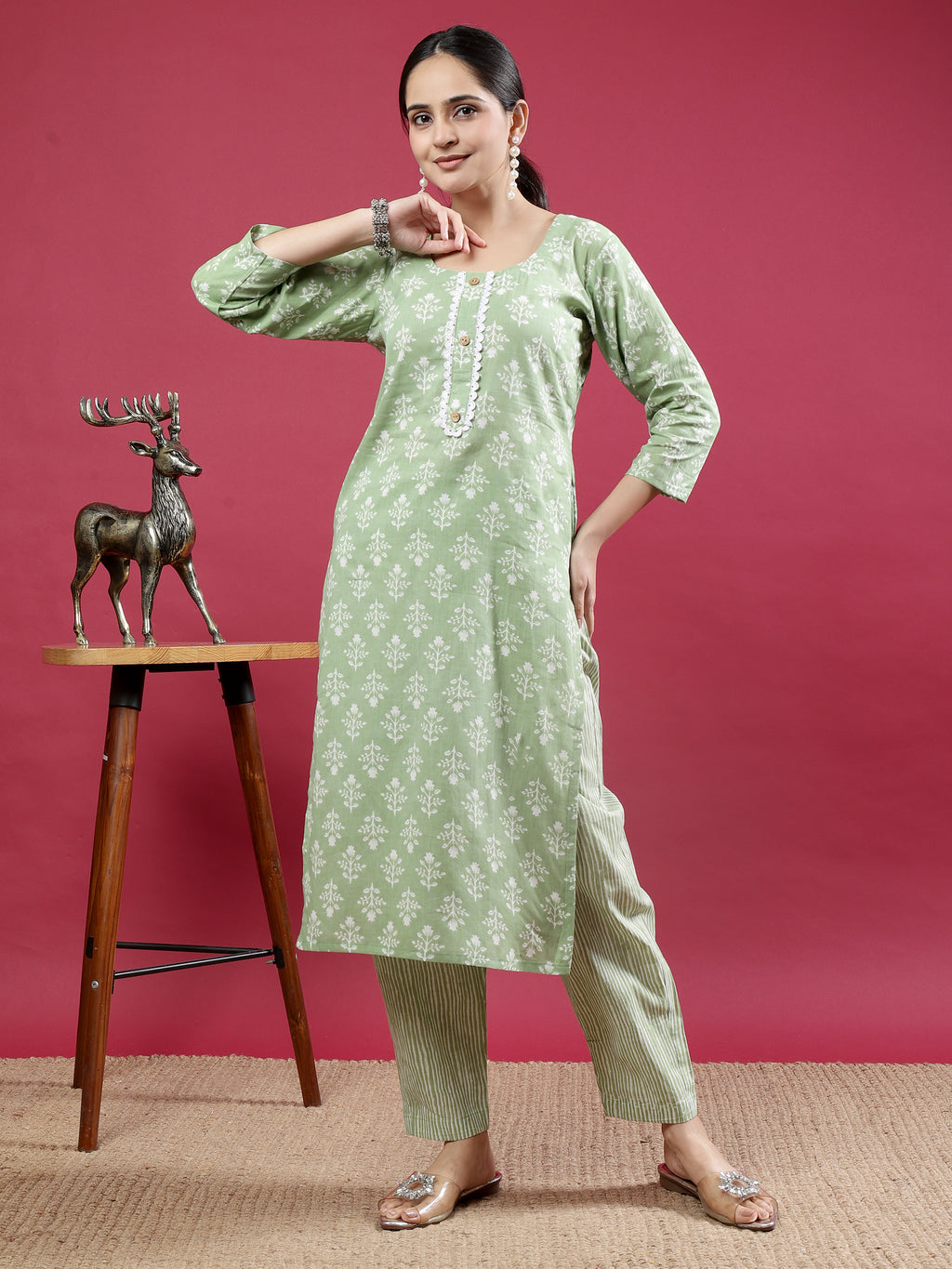 Spring Green Blue Printed Rayon Kurta Set with Striped Pants Green Rayon