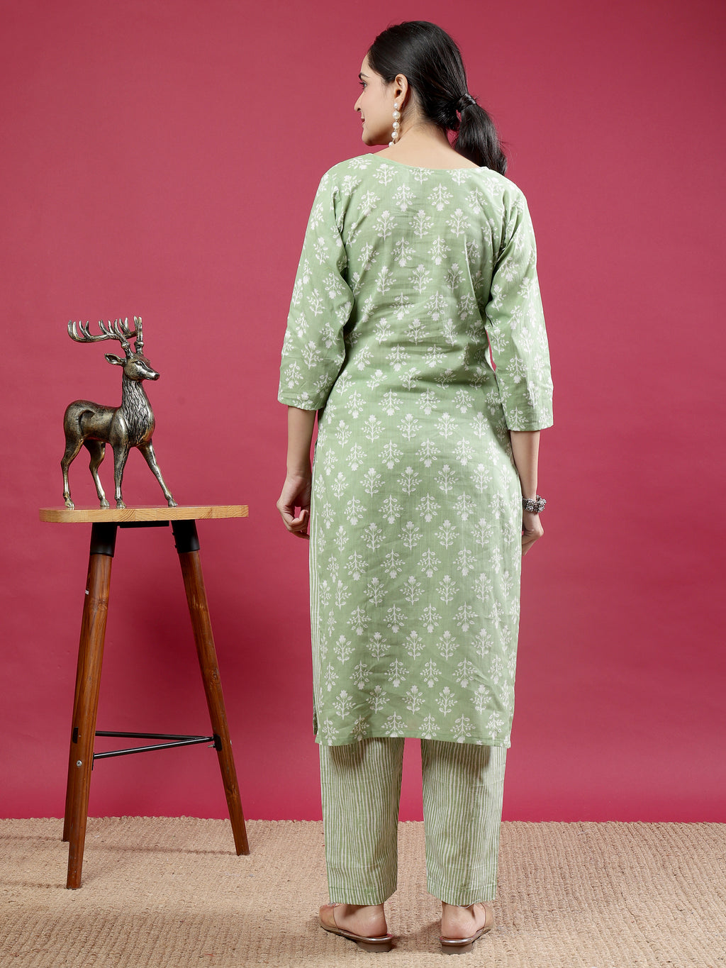 Spring Green Blue Printed Rayon Kurta Set with Striped Pants