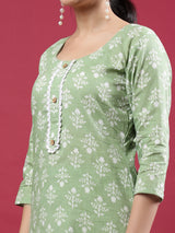 Spring Green Blue Printed Rayon Kurta Set with Striped Pants
