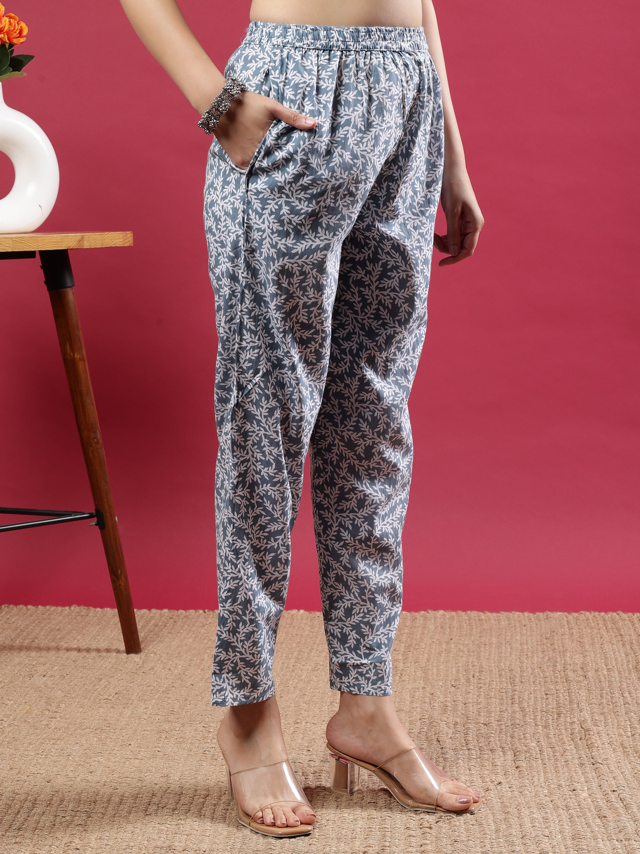 Grey Handblock Print Kurta Set with Dupatta and Pants