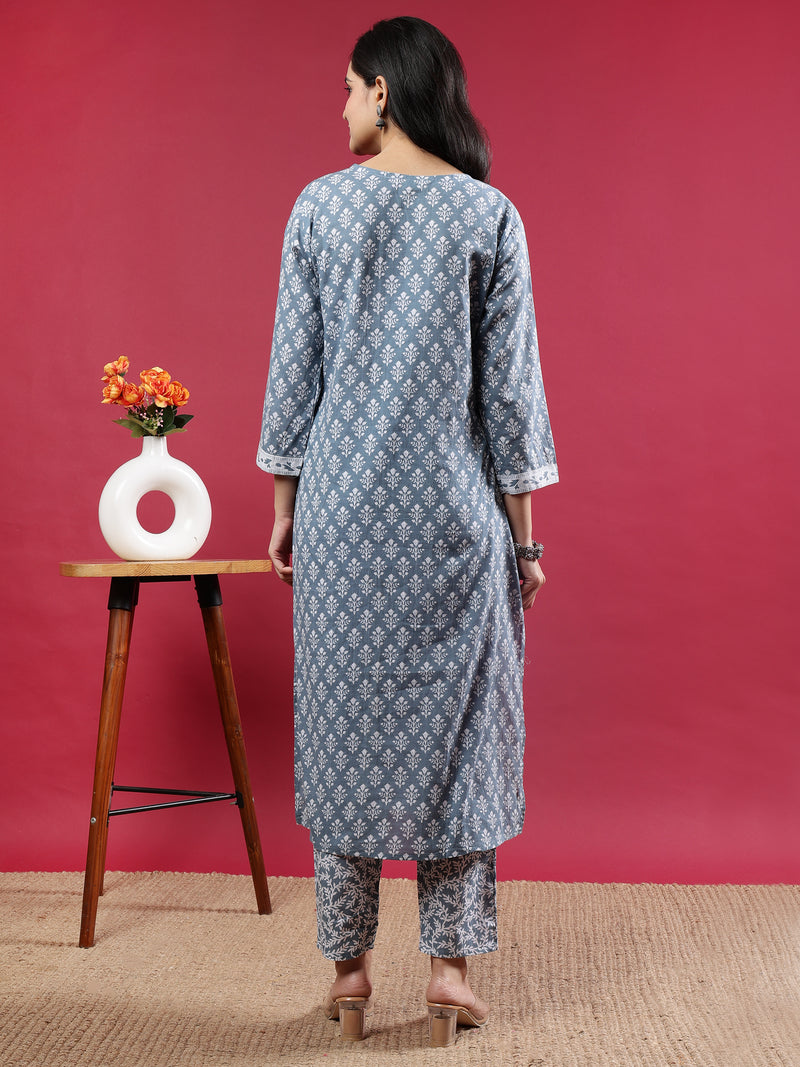 Grey Handblock Print Kurta Set with Dupatta and Pants