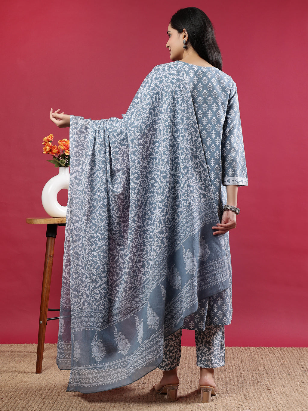 Grey Handblock Print Kurta Set with Dupatta and Pants