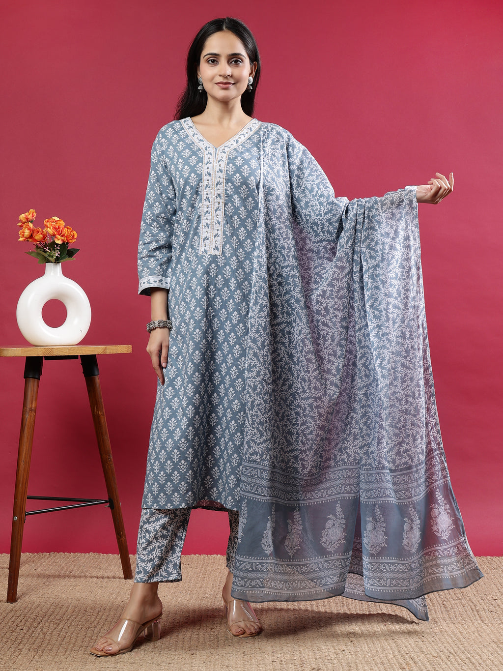 Grey Handblock Print Kurta Set with Dupatta and Pants