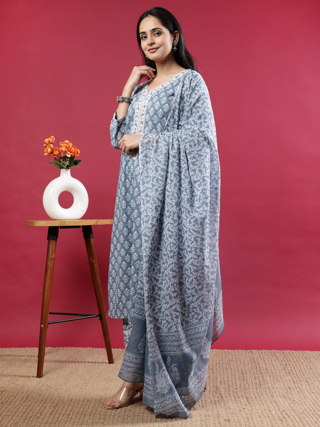 Grey Handblock Print Kurta Set with Dupatta and Pants