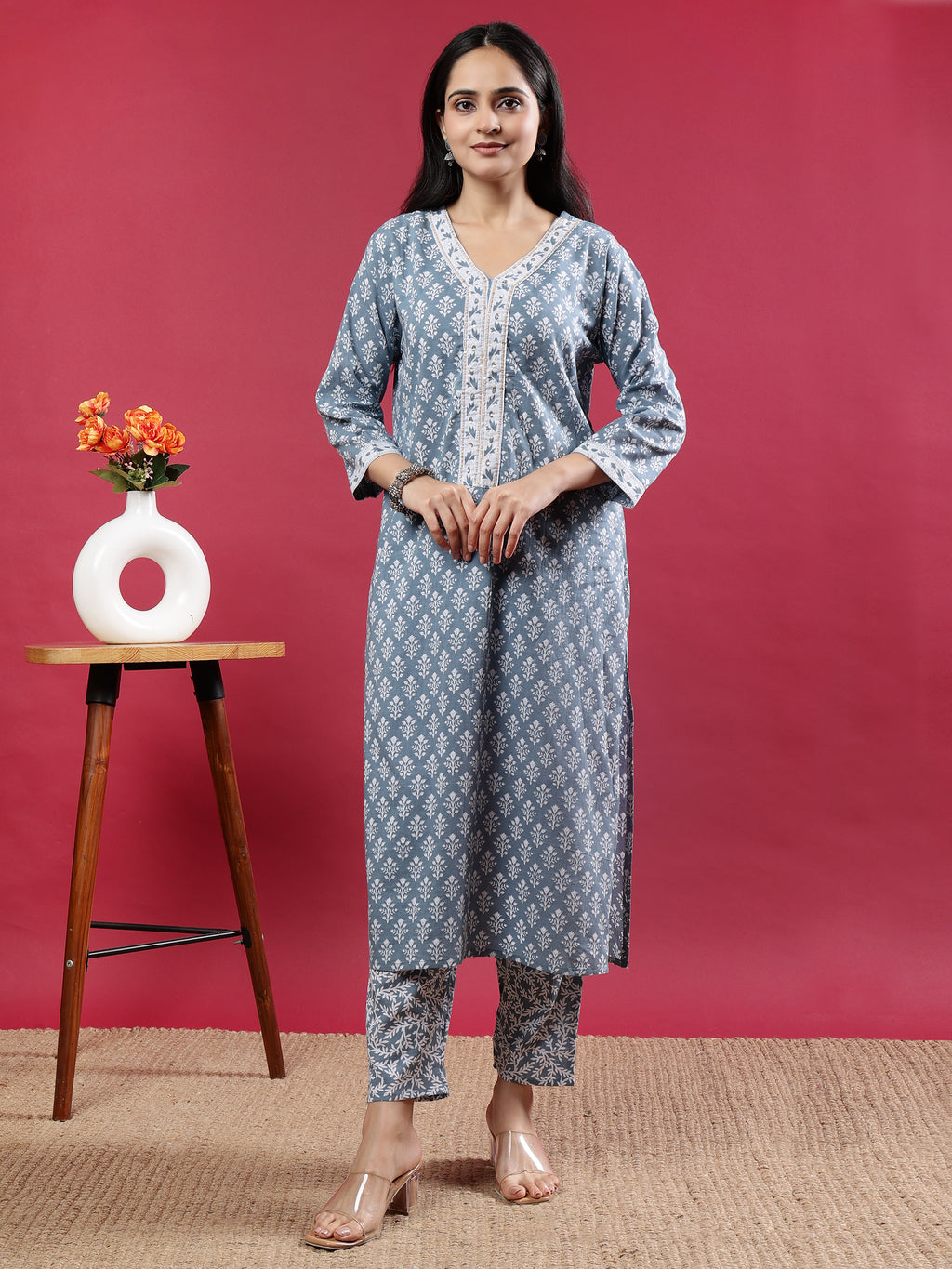 Grey Handblock Print Kurta Set with Dupatta and Pants Gray Rayon