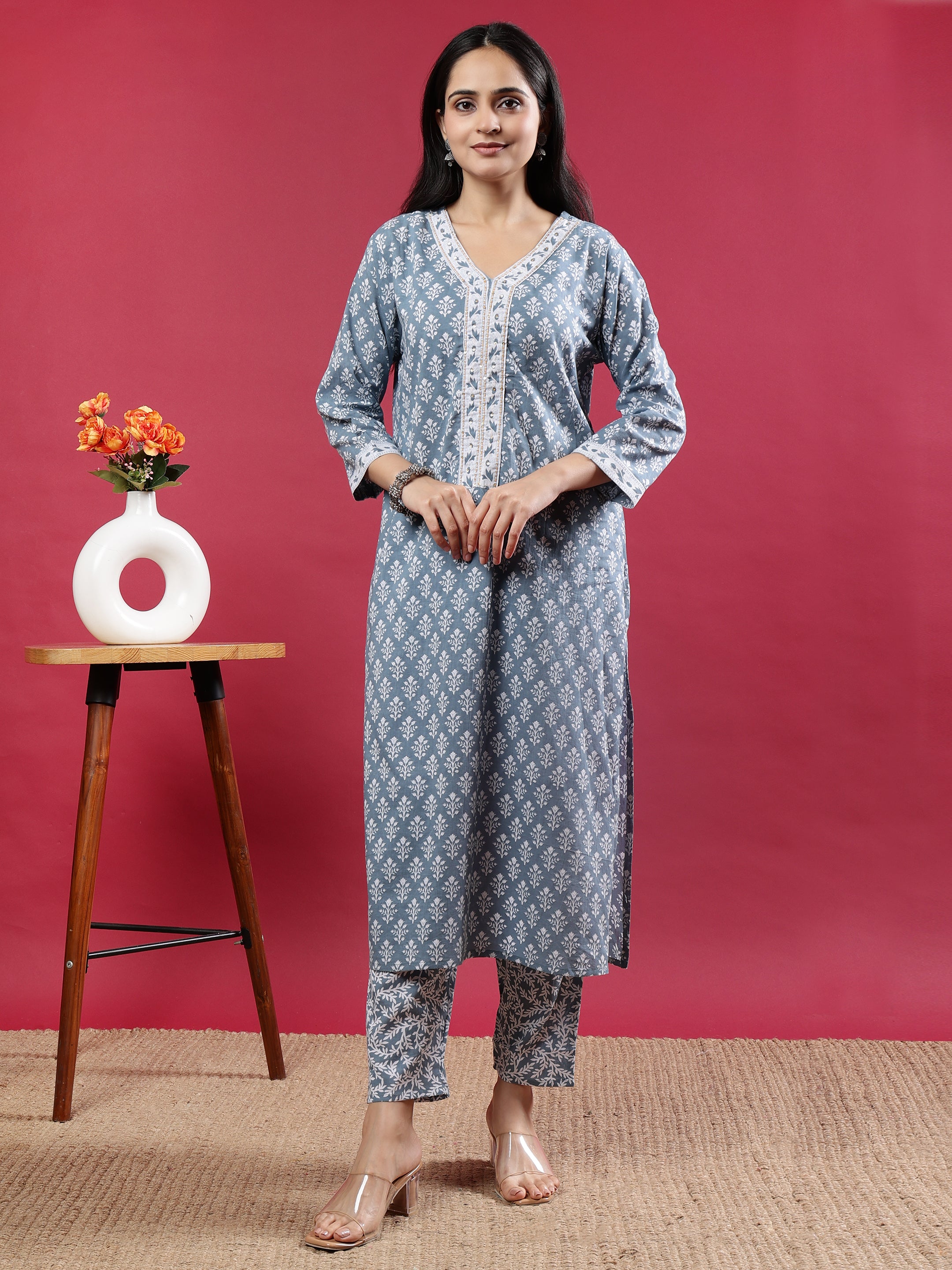 Grey Handblock Print Kurta Set with Dupatta and Pants Gray Rayon