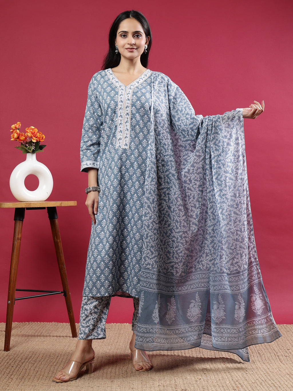 Grey Handblock Print Kurta Set with Dupatta and Pants