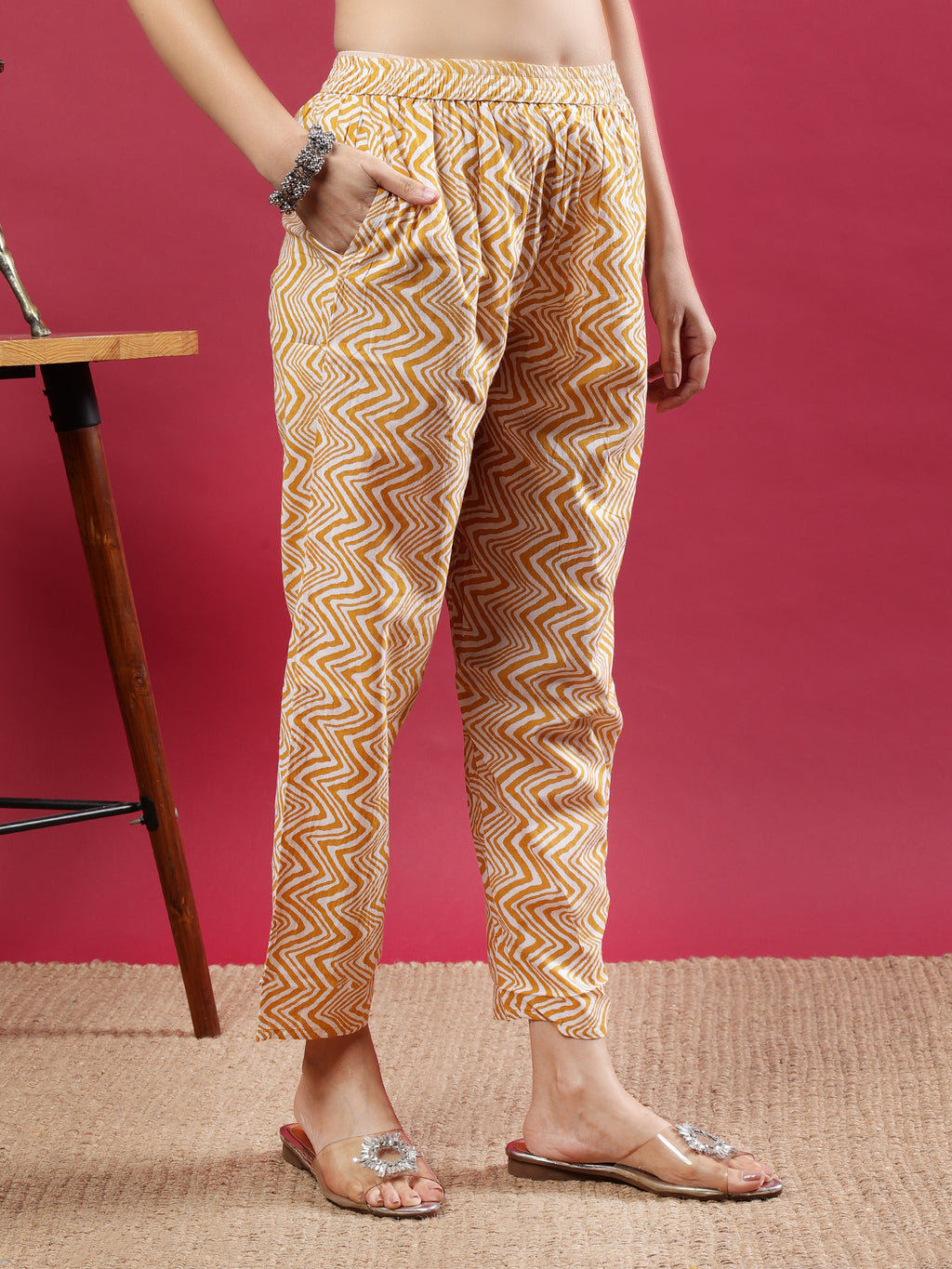 Mustard Handblock Print Kurta Set with Dupatta and Pants
