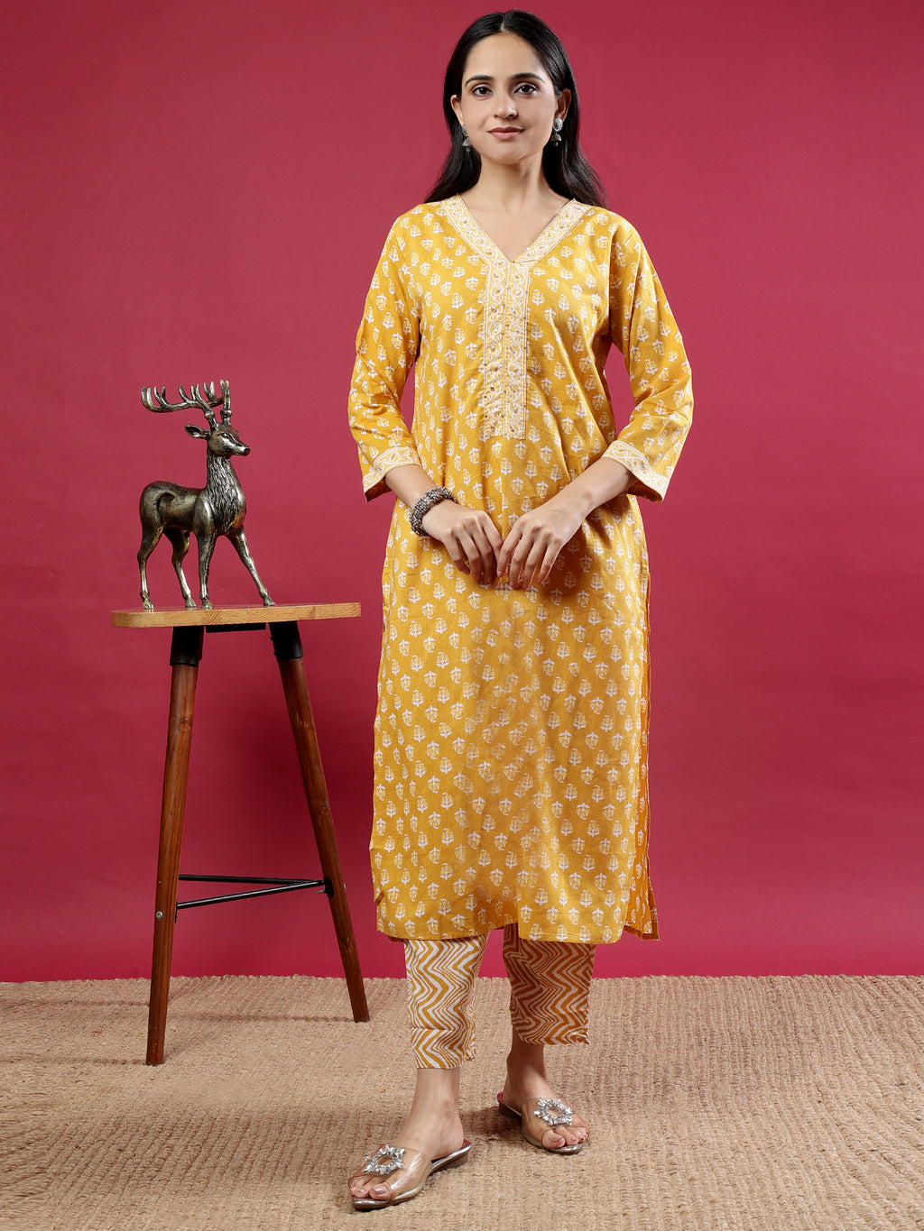 Mustard Handblock Print Kurta Set with Dupatta and Pants