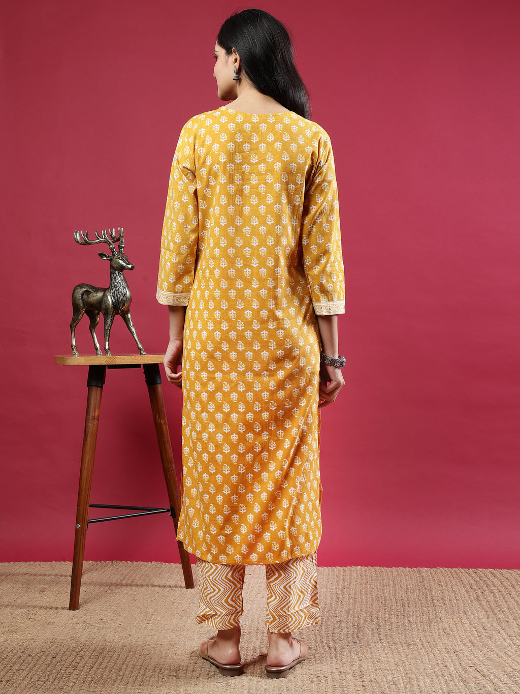 Mustard Handblock Print Kurta Set with Dupatta and Pants