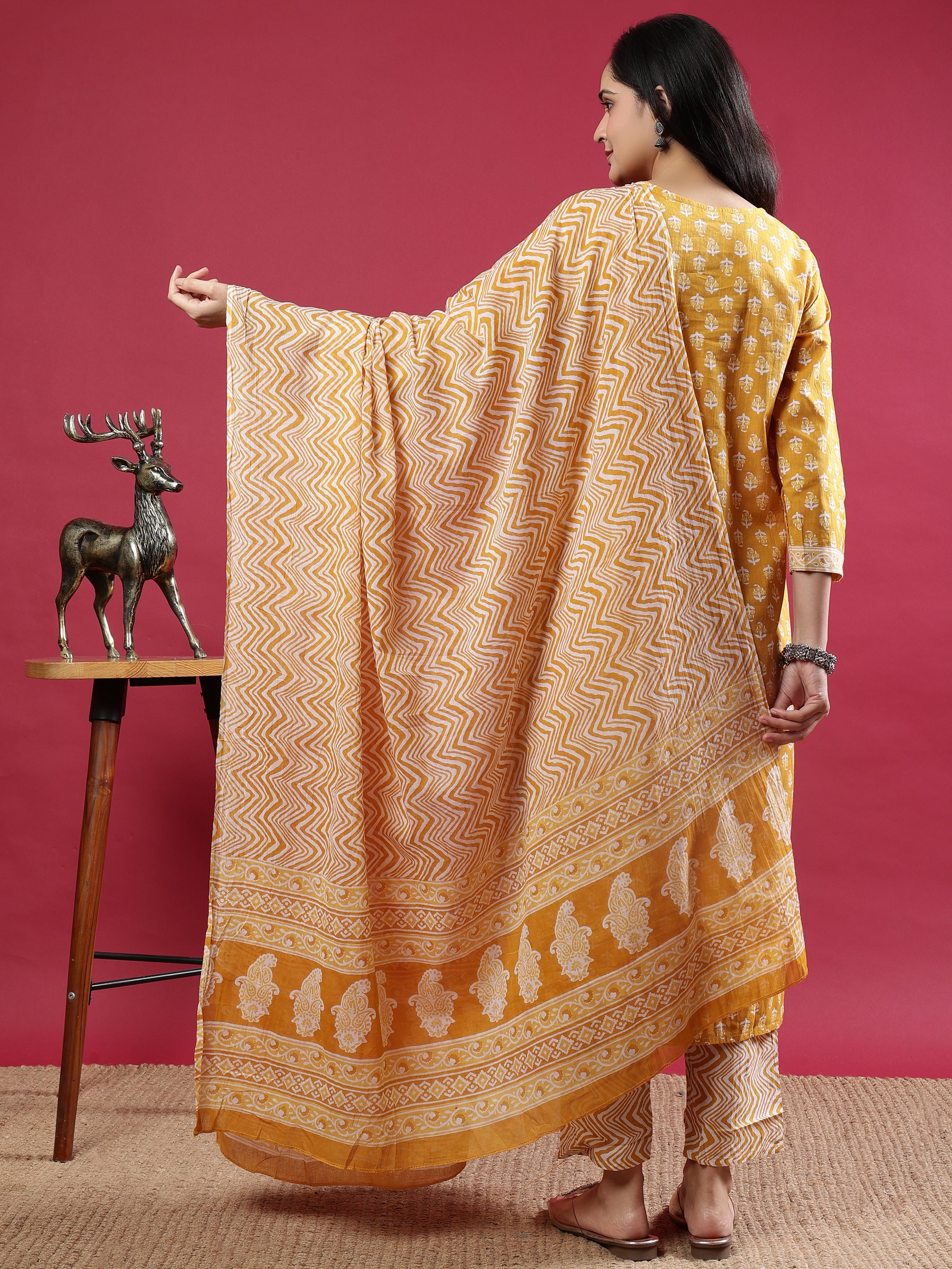 Mustard Handblock Print Kurta Set with Dupatta and Pants