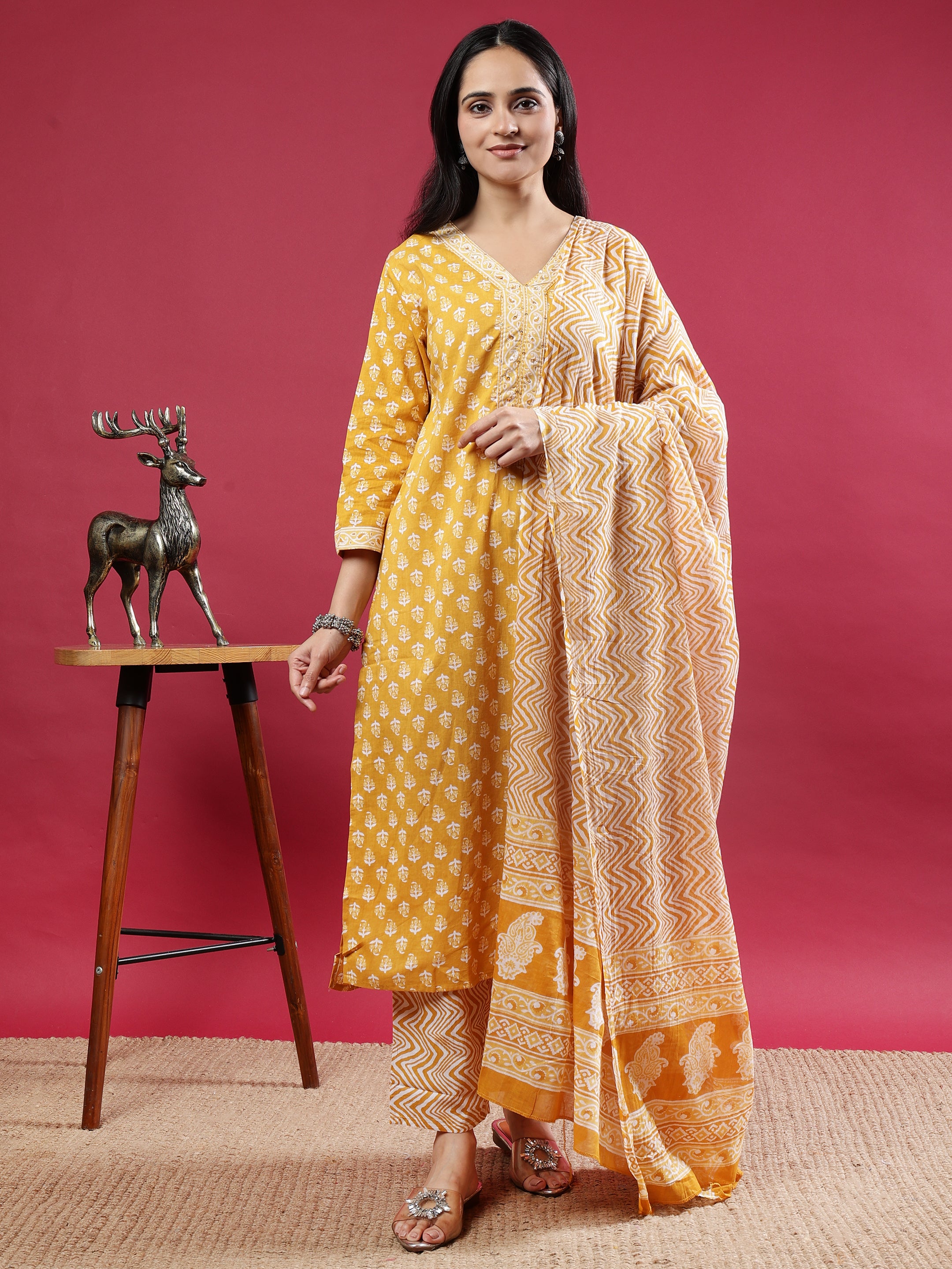 Mustard Handblock Print Kurta Set with Dupatta and Pants Mustard Rayon