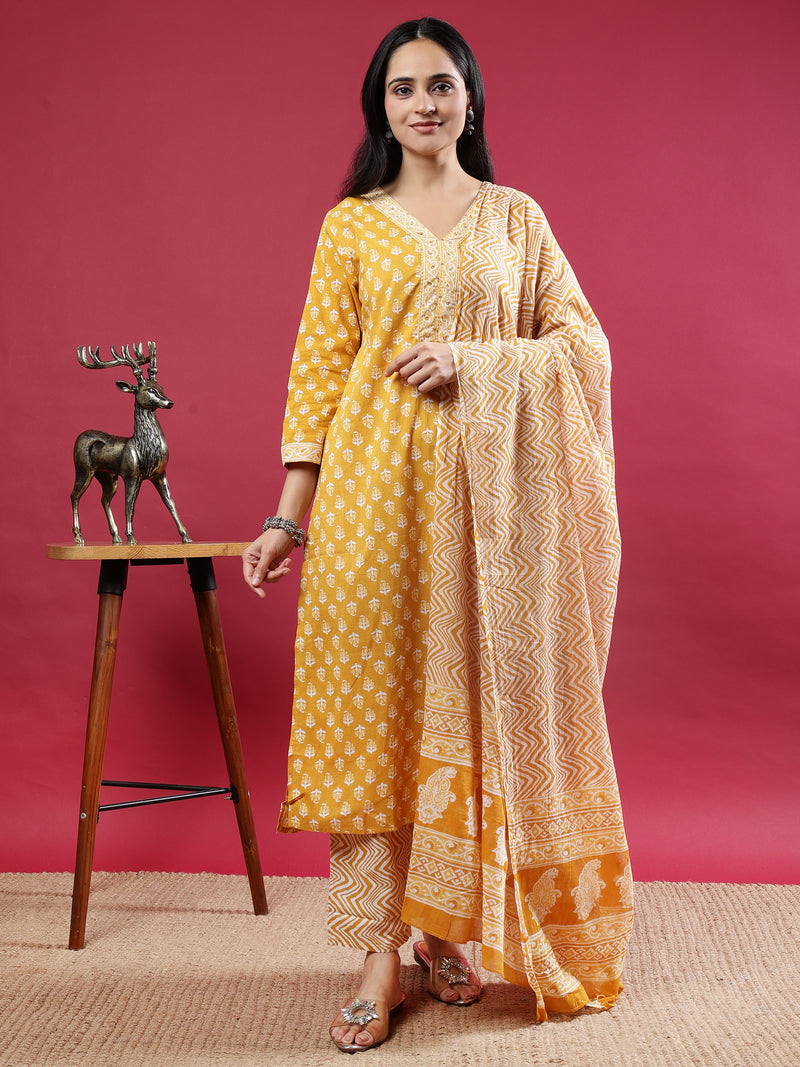 Mustard Handblock Print Kurta Set with Dupatta and Pants Mustard Rayon