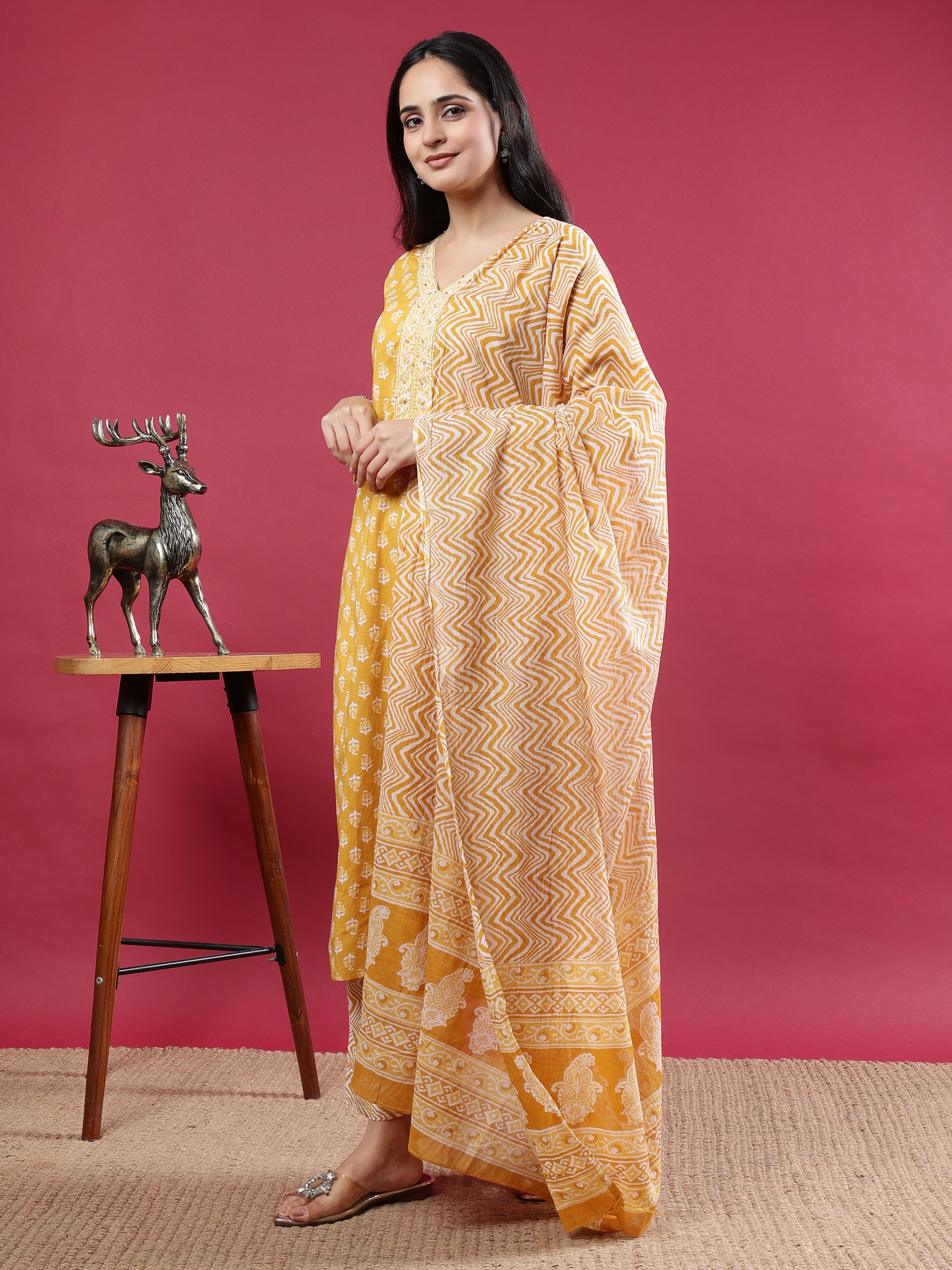 Mustard Handblock Print Kurta Set with Dupatta and Pants