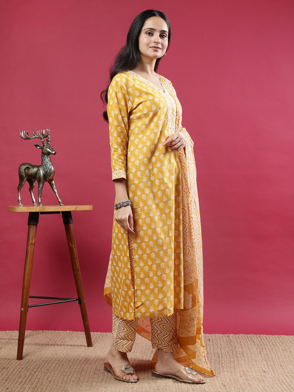 Mustard Handblock Print Kurta Set with Dupatta and Pants