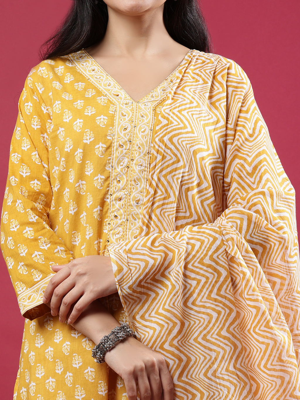 Mustard Handblock Print Kurta Set with Dupatta and Pants