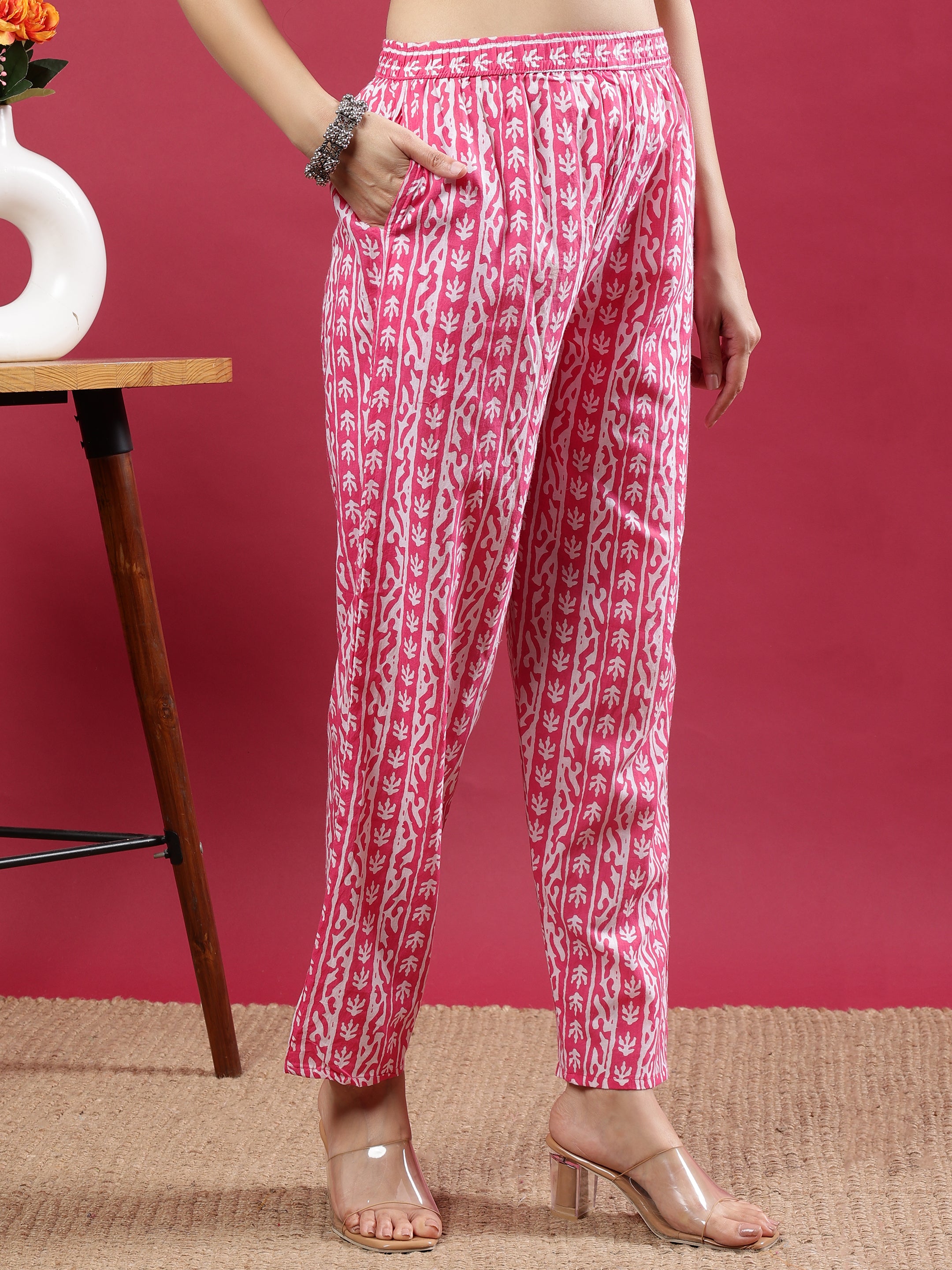 Pink Handblock Print Kurta Set with Dupatta and Pants