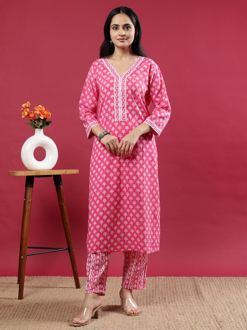 Pink Handblock Print Kurta Set with Dupatta and Pants