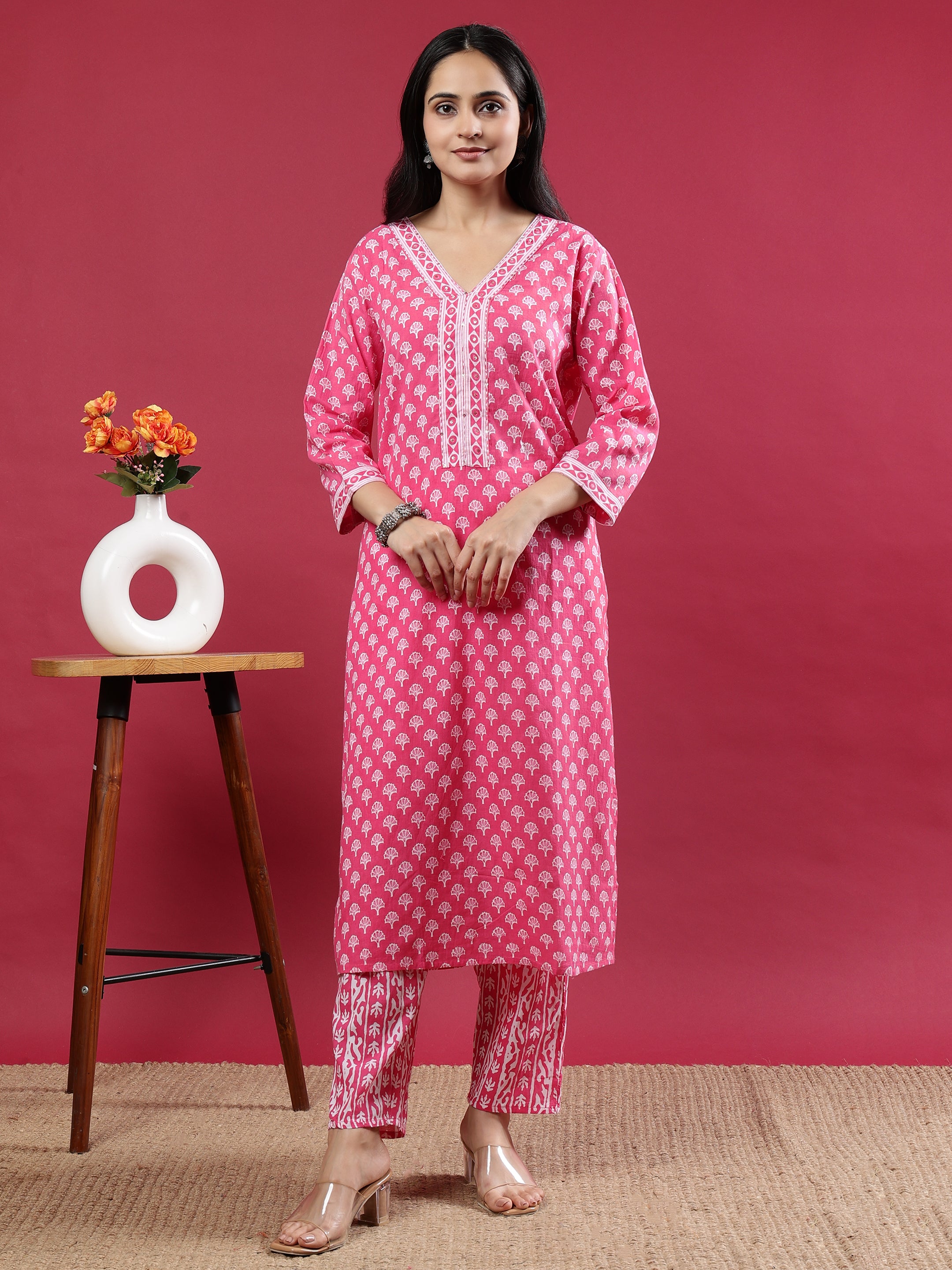Pink Handblock Print Kurta Set with Dupatta and Pants