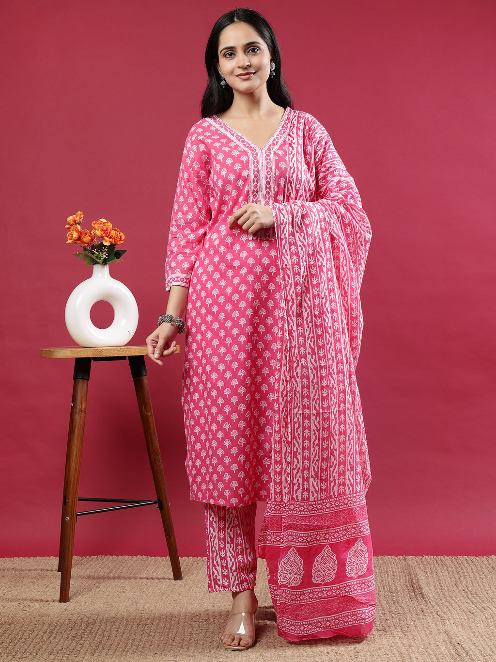 Pink Handblock Print Kurta Set with Dupatta and Pants Pink Rayon