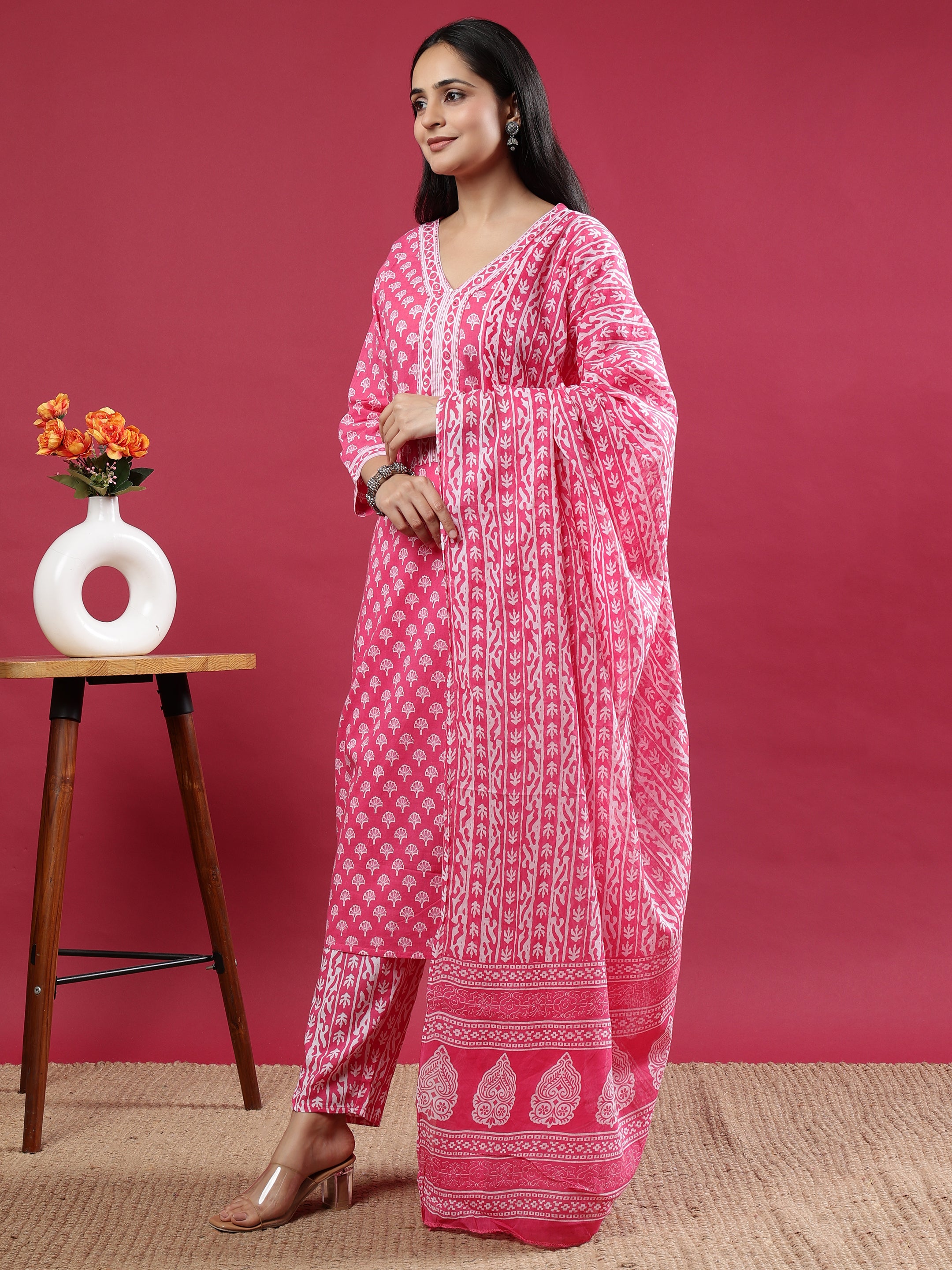Pink Handblock Print Kurta Set with Dupatta and Pants