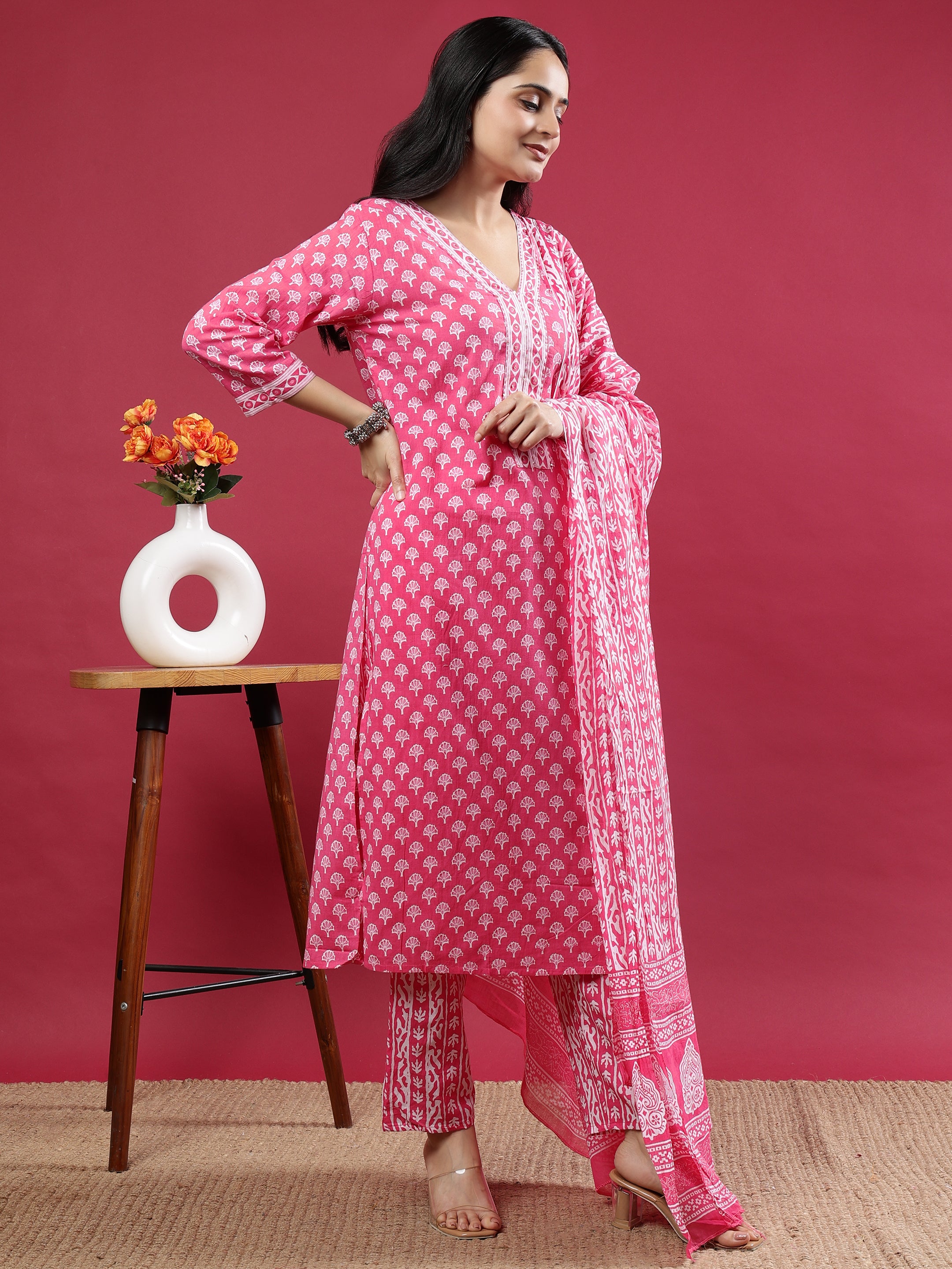 Pink Handblock Print Kurta Set with Dupatta and Pants