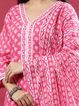 Pink Handblock Print Kurta Set with Dupatta and Pants