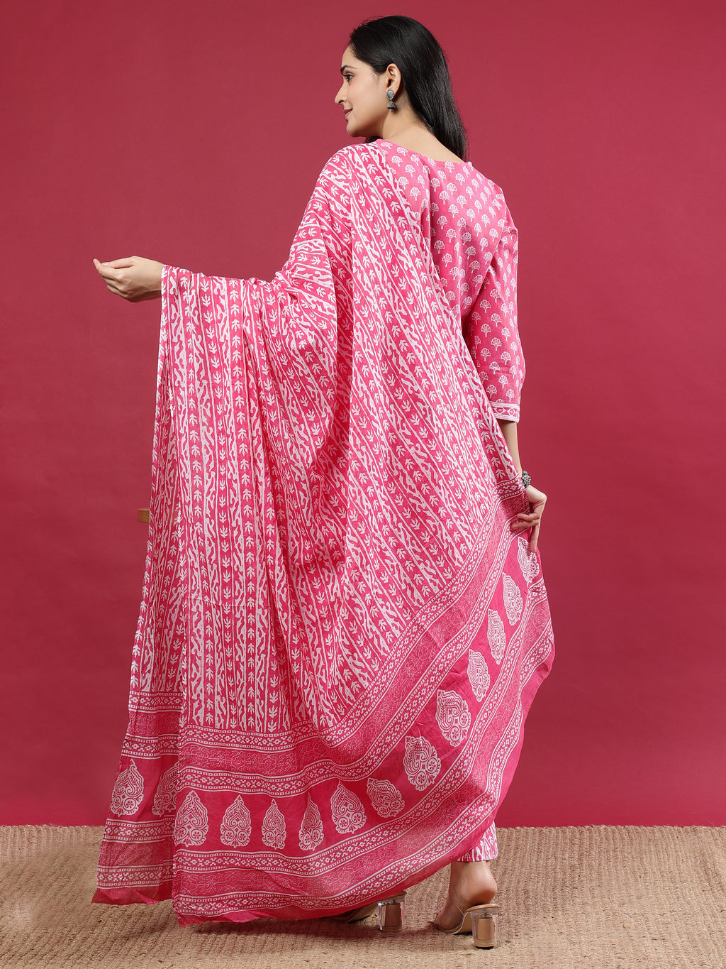 Pink Handblock Print Kurta Set with Dupatta and Pants