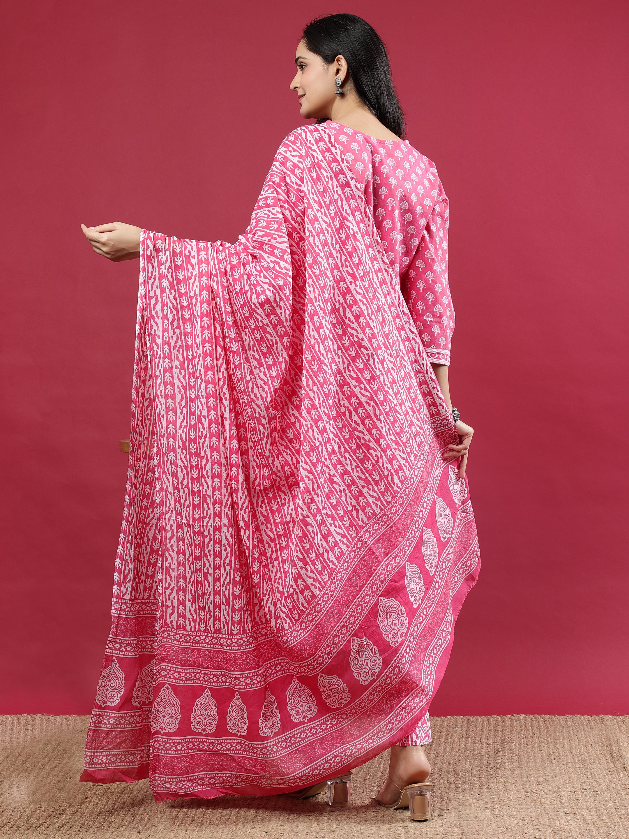 Pink Handblock Print Kurta Set with Dupatta and Pants