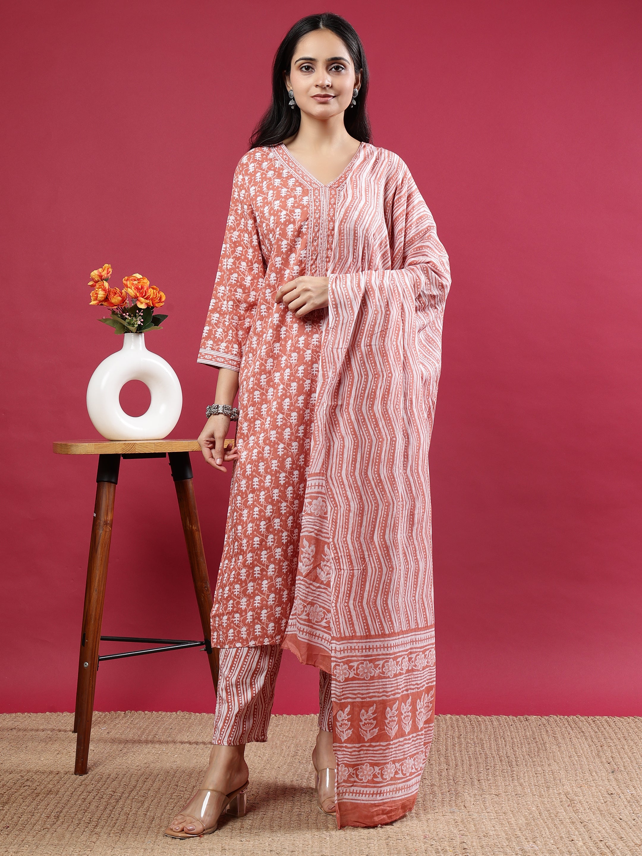 Rust Handblock Print Kurta Set with Dupatta and Pants Rose gold Rayon