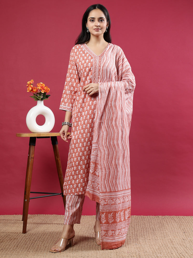 Rust Handblock Print Kurta Set with Dupatta and Pants Rose gold Rayon