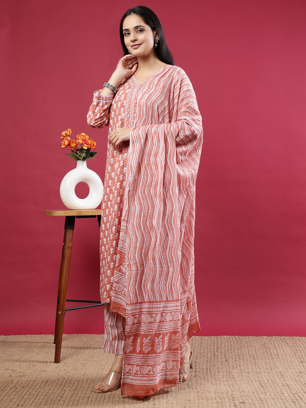 Rust Handblock Print Kurta Set with Dupatta and Pants