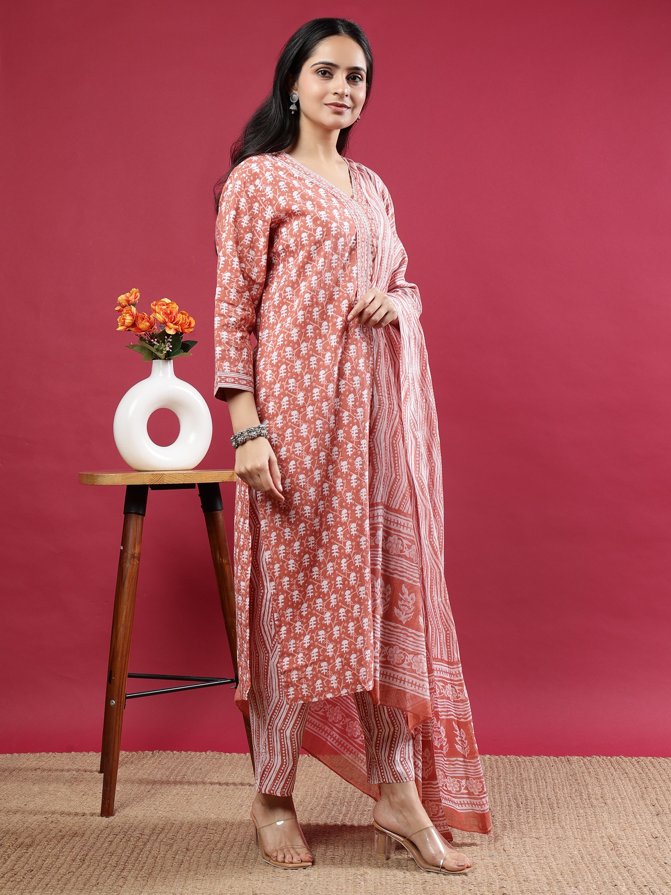 Rust Handblock Print Kurta Set with Dupatta and Pants