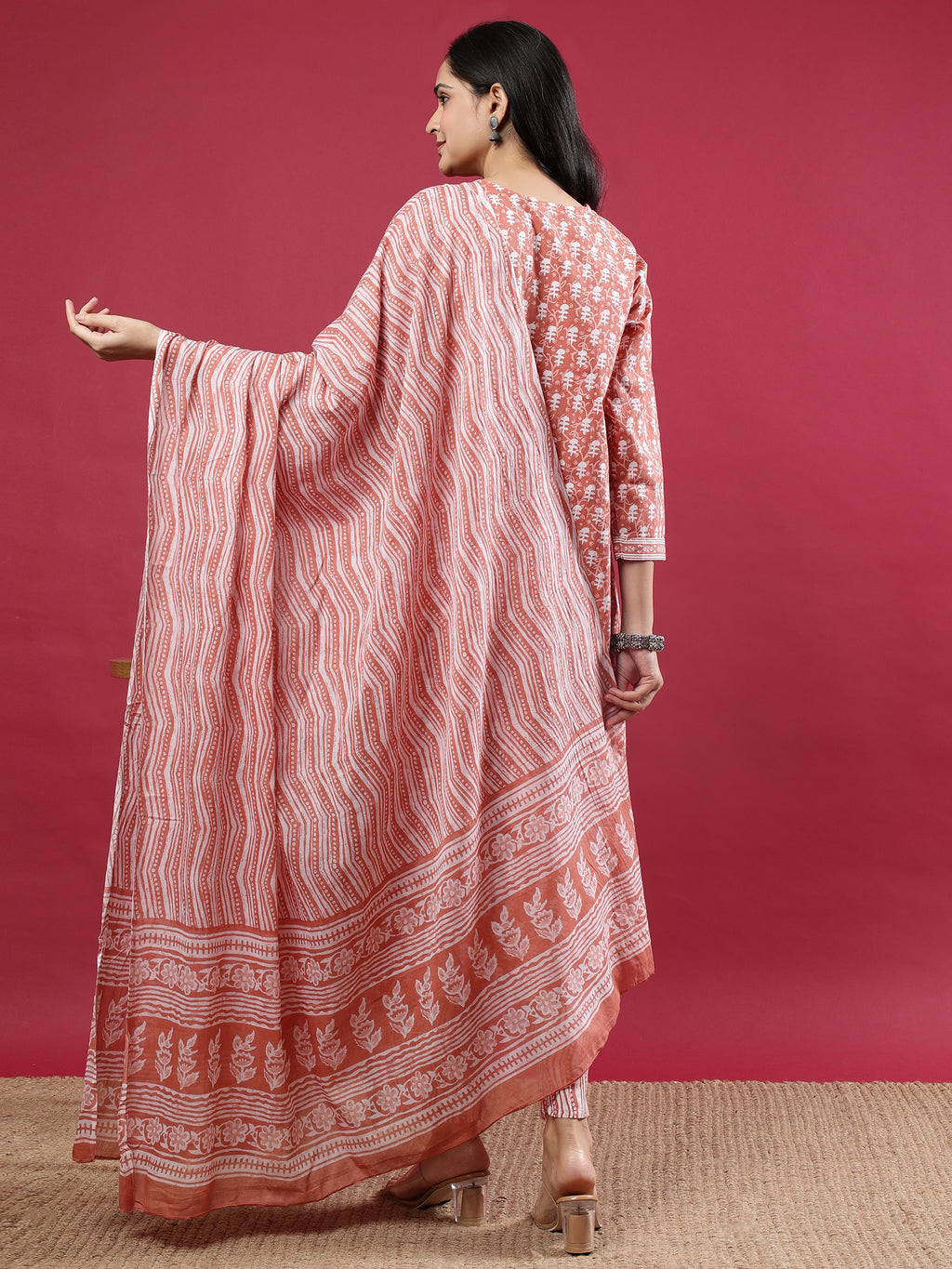 Rust Handblock Print Kurta Set with Dupatta and Pants