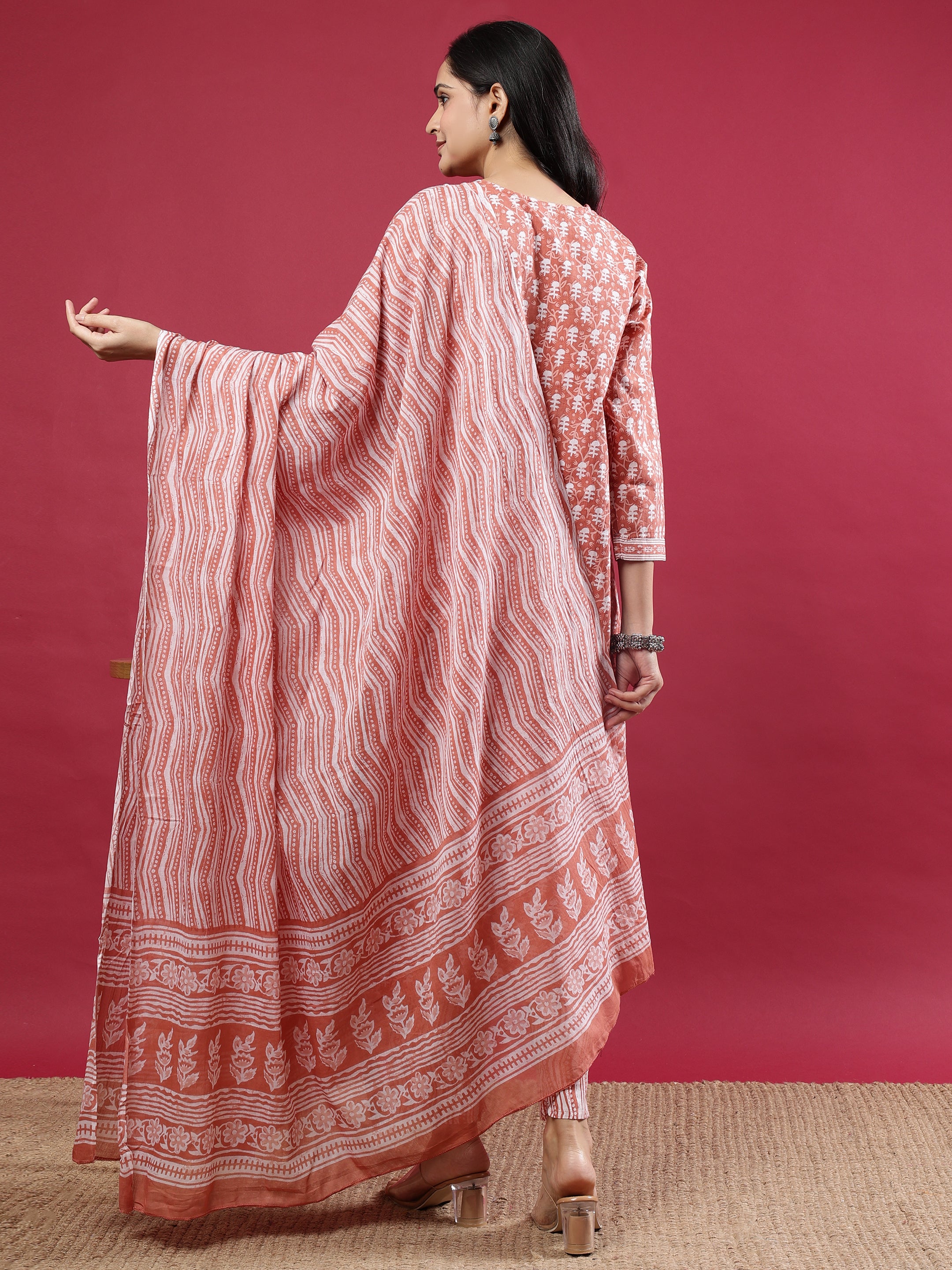 Rust Handblock Print Kurta Set with Dupatta and Pants