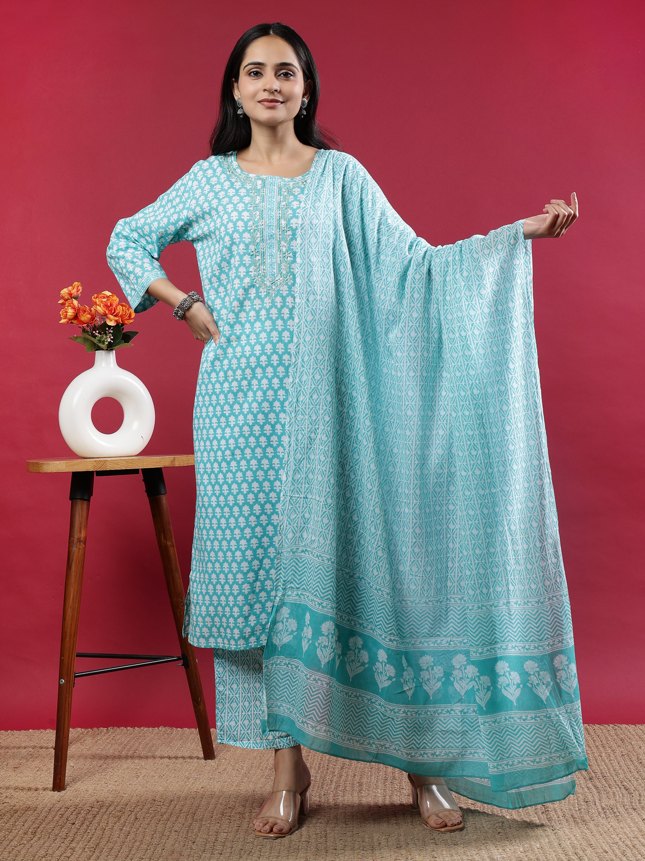 Teal Printed Rayon Kurta Set with Dupatta Teal Rayon