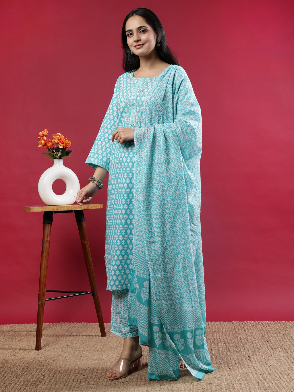 Teal Printed Rayon Kurta Set with Dupatta