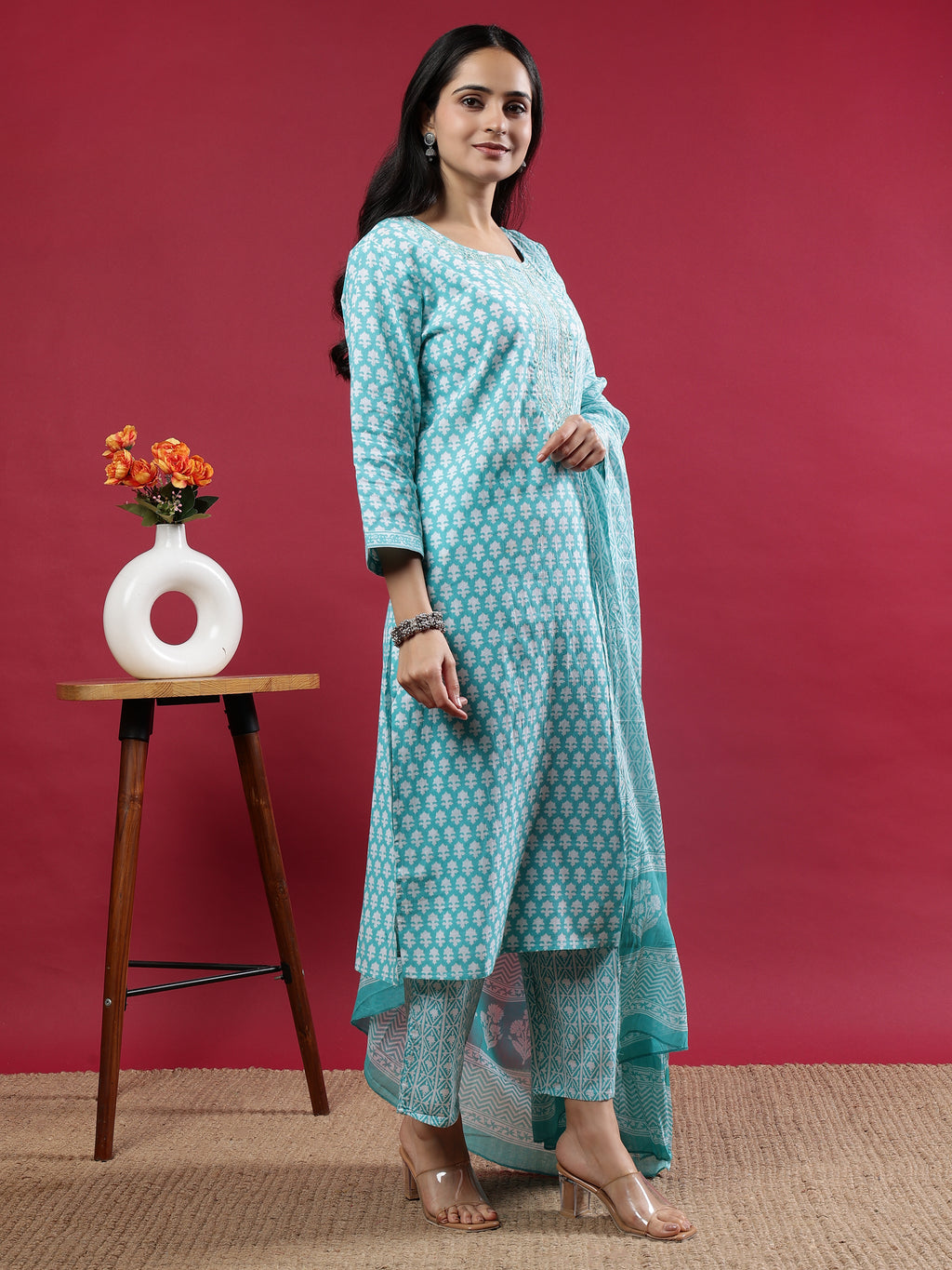 Teal Printed Rayon Kurta Set with Dupatta