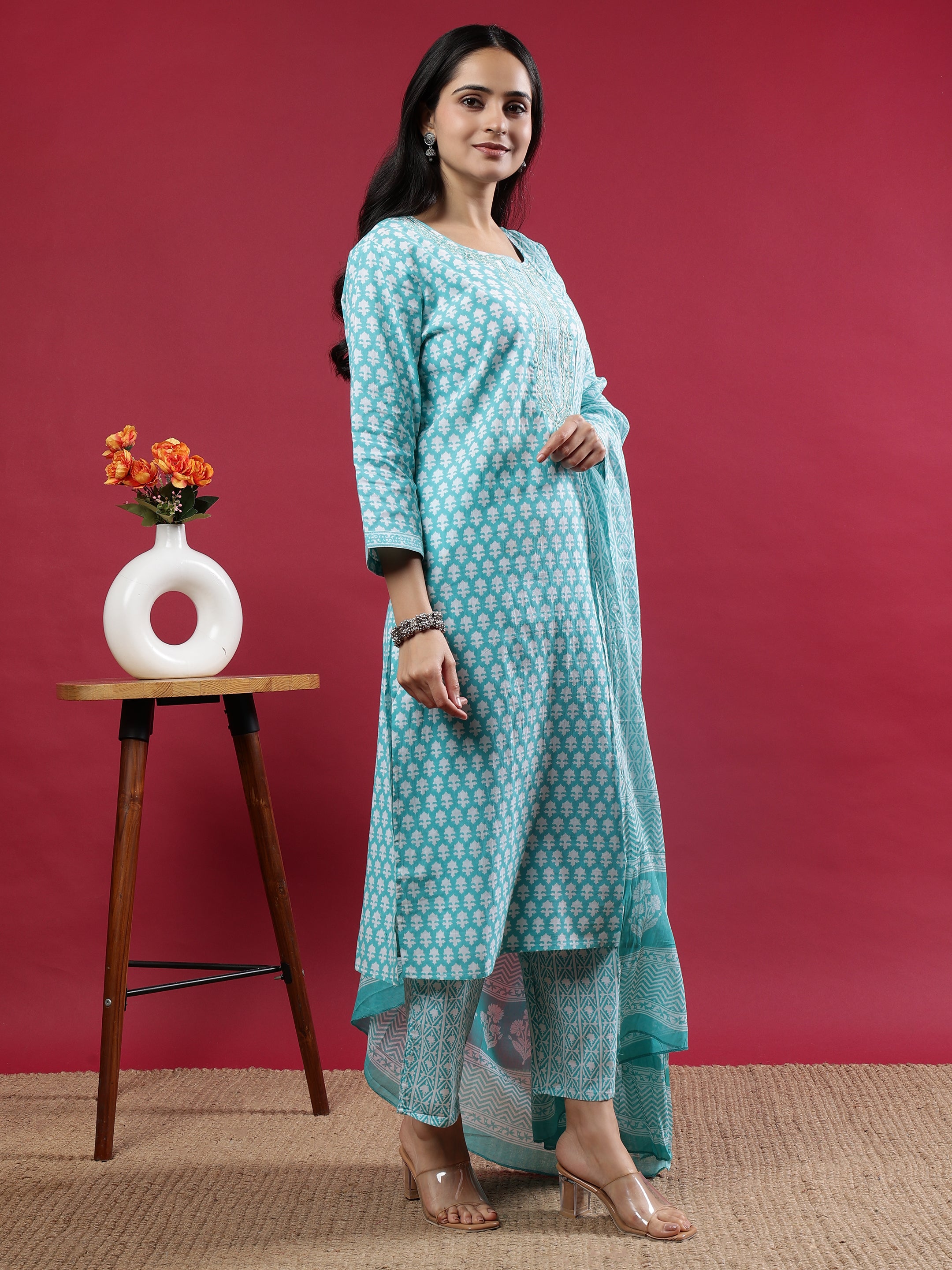 Teal Printed Rayon Kurta Set with Dupatta