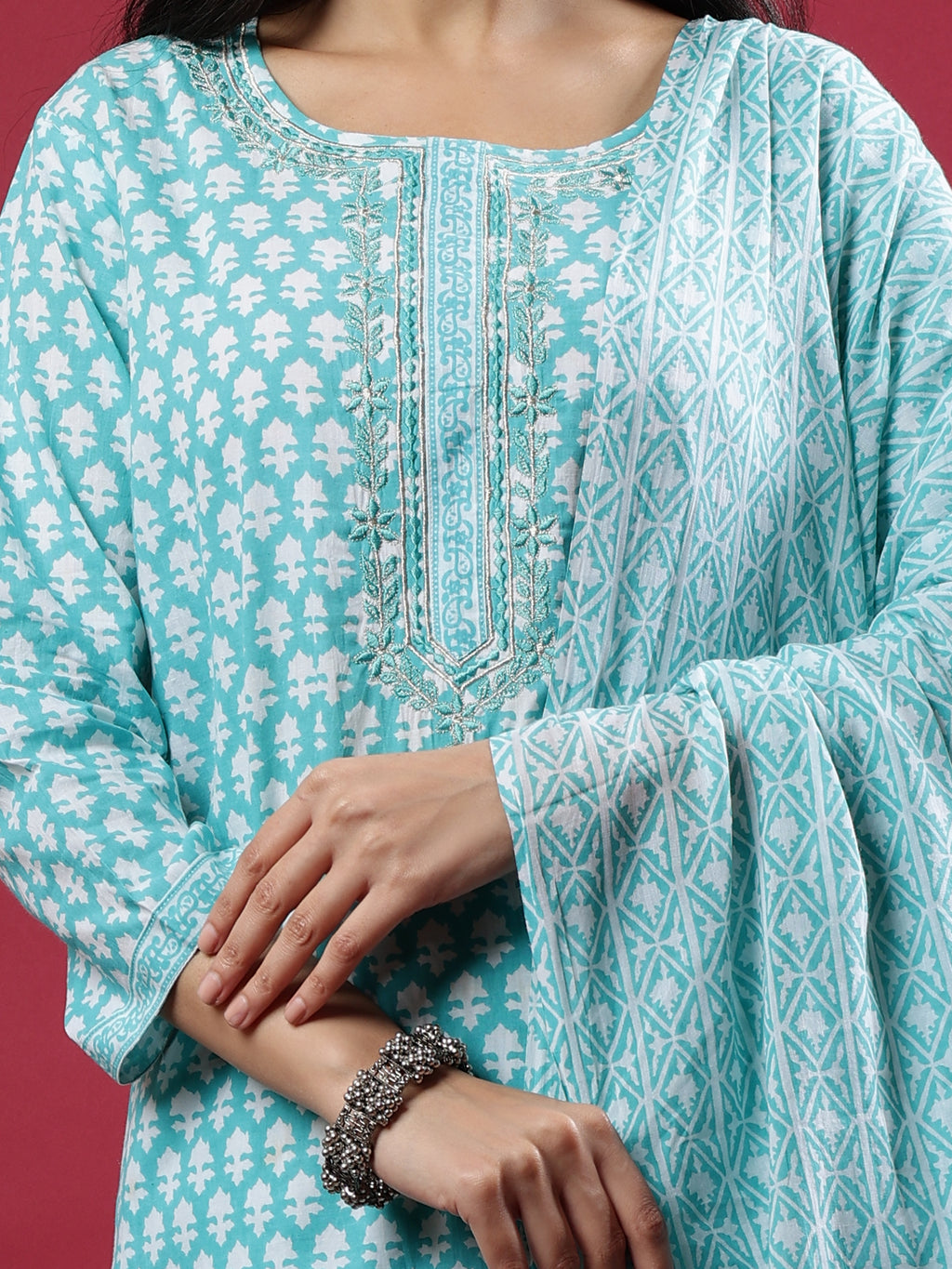 Teal Printed Rayon Kurta Set with Dupatta