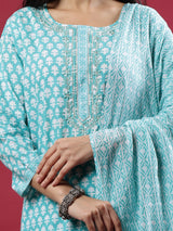Teal Printed Rayon Kurta Set with Dupatta