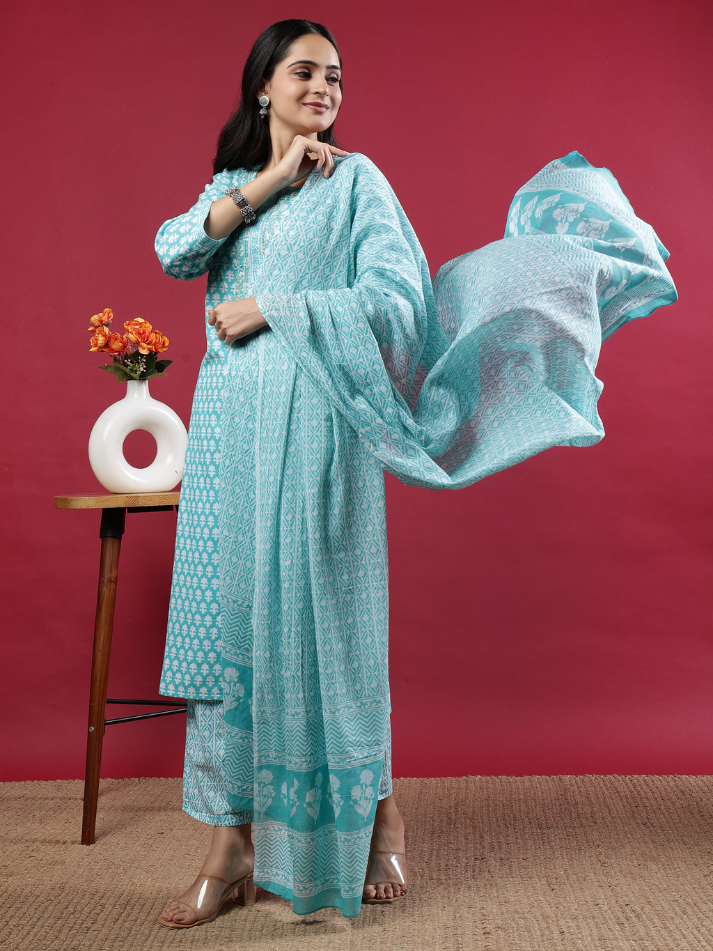 Teal Printed Rayon Kurta Set with Dupatta